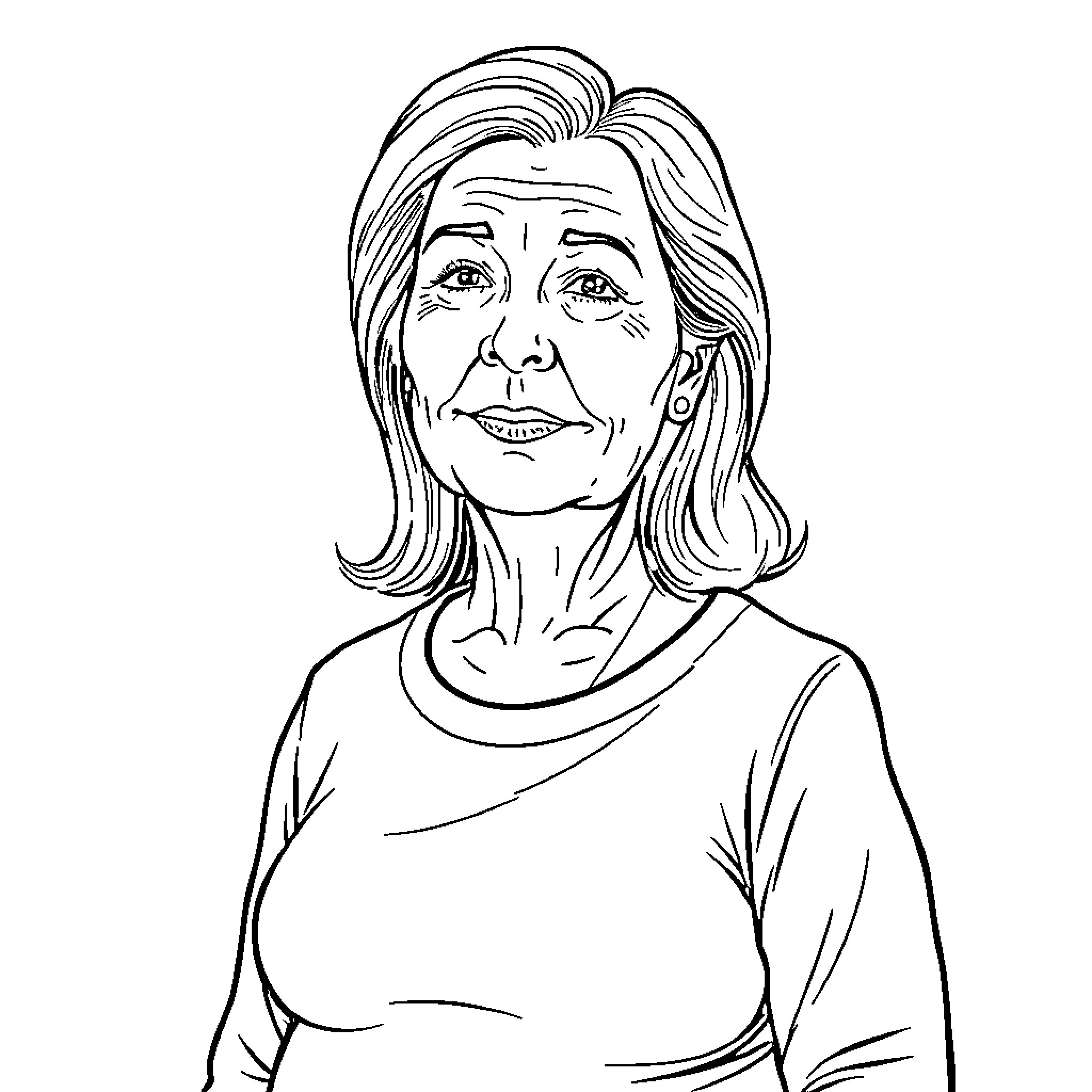 Woman with Confident Smile and Thoughtful Expression Coloring Page (free black-and-white line drawing printable PDF for all, from beginners to advanced learners, including children, teens, adults, and seniors)