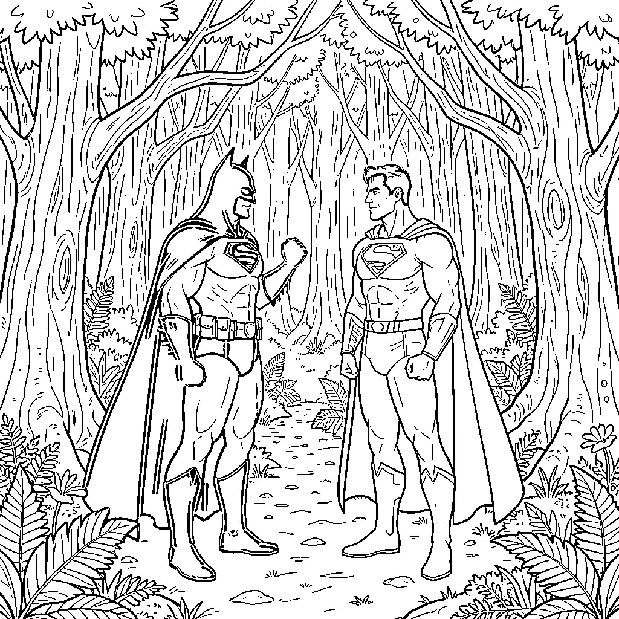 Superman and Batman in a Forested Scene Coloring Page (free black-and-white line drawing printable PDF for all, from beginners to advanced learners, including children, teens, adults, and seniors)