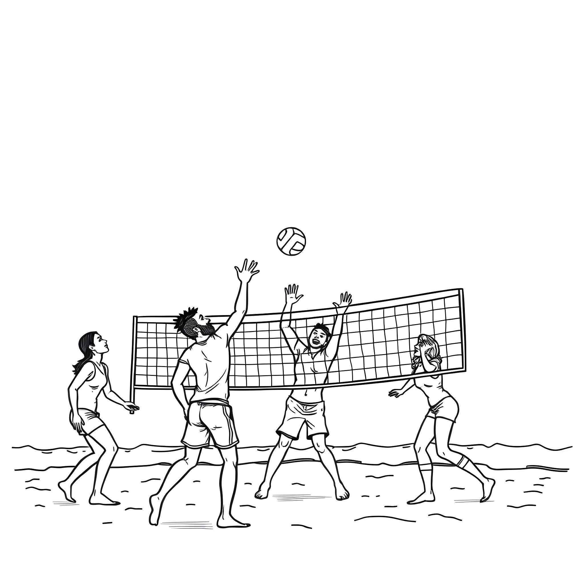 Volleyball players in action on the beach Coloring Page (free black-and-white line drawing printable PDF for all, from beginners to advanced learners, including children, teens, adults, and seniors)