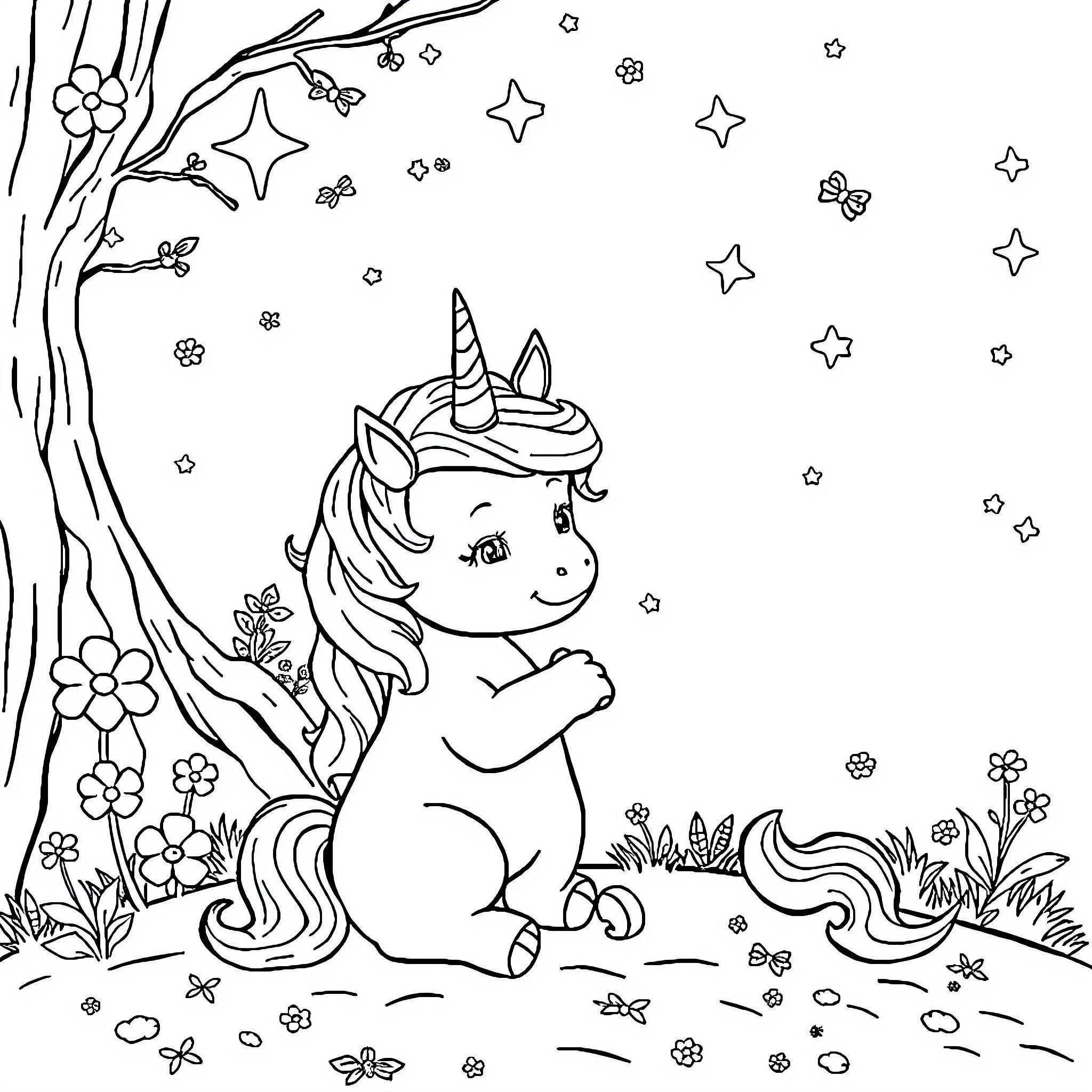 Unicorn resting in magical garden with stars Coloring Page (free black-and-white line drawing printable PDF for all, from beginners to advanced learners, including children, teens, adults, and seniors)