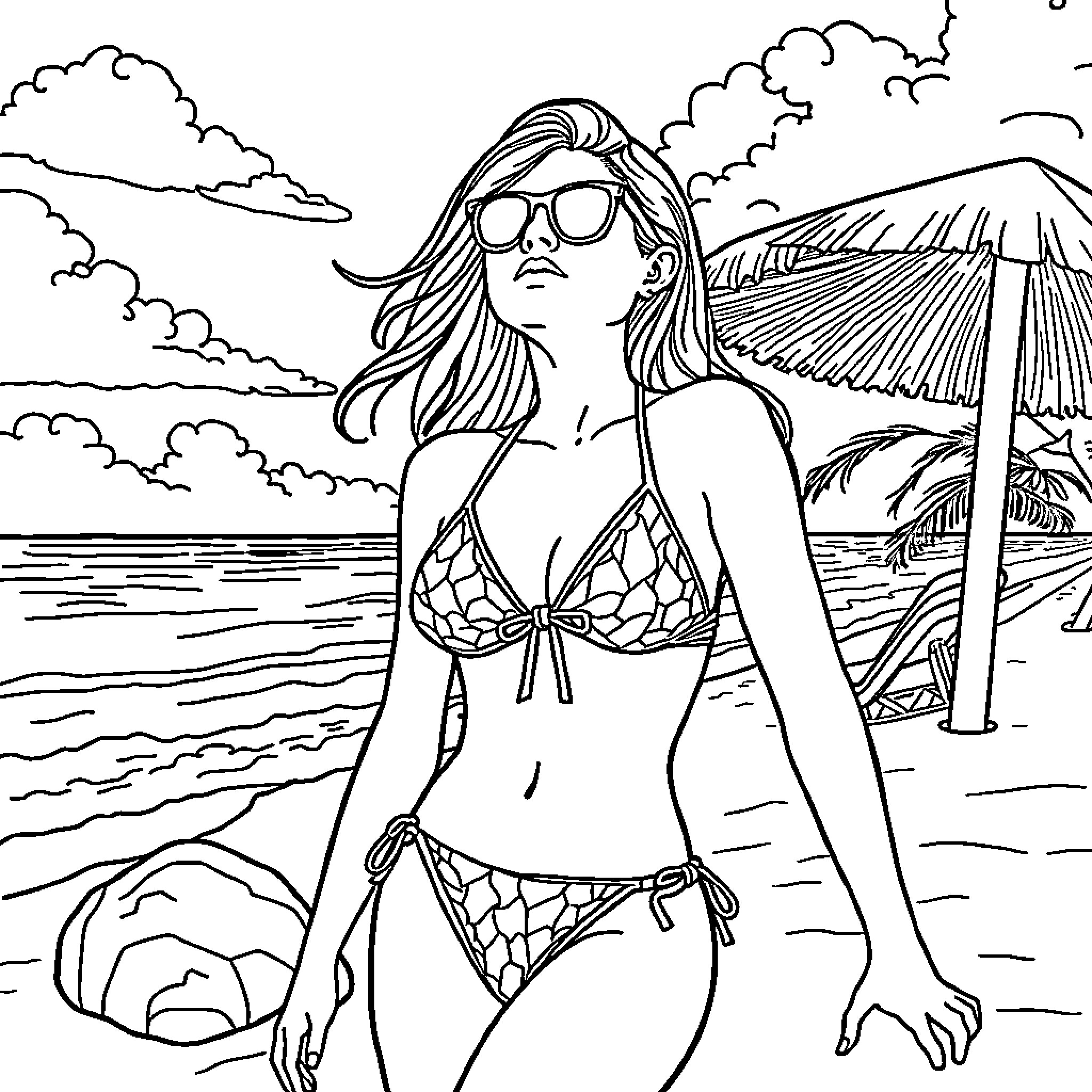 Bikini-clad woman relaxing on tropical beach Coloring Page (free black-and-white line drawing printable PDF for all, from beginners to advanced learners, including children, teens, adults, and seniors)