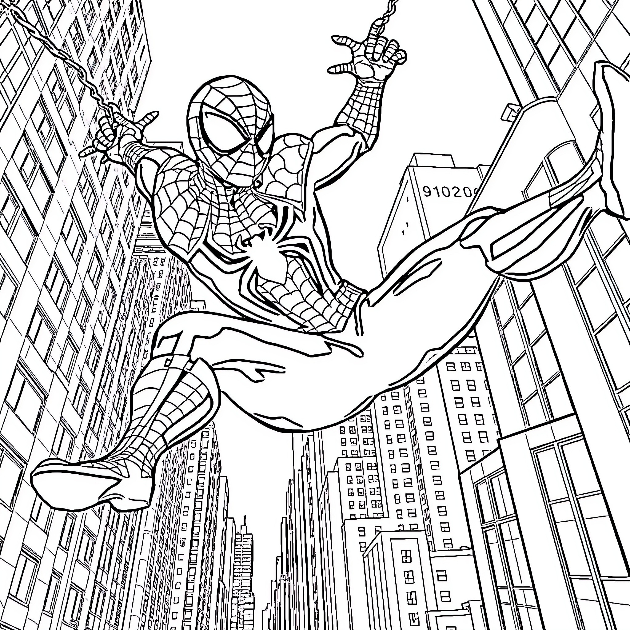 Spiderman swinging through the city skyline Coloring Page (free black-and-white line drawing printable PDF for all, from beginners to advanced learners, including children, teens, adults, and seniors)