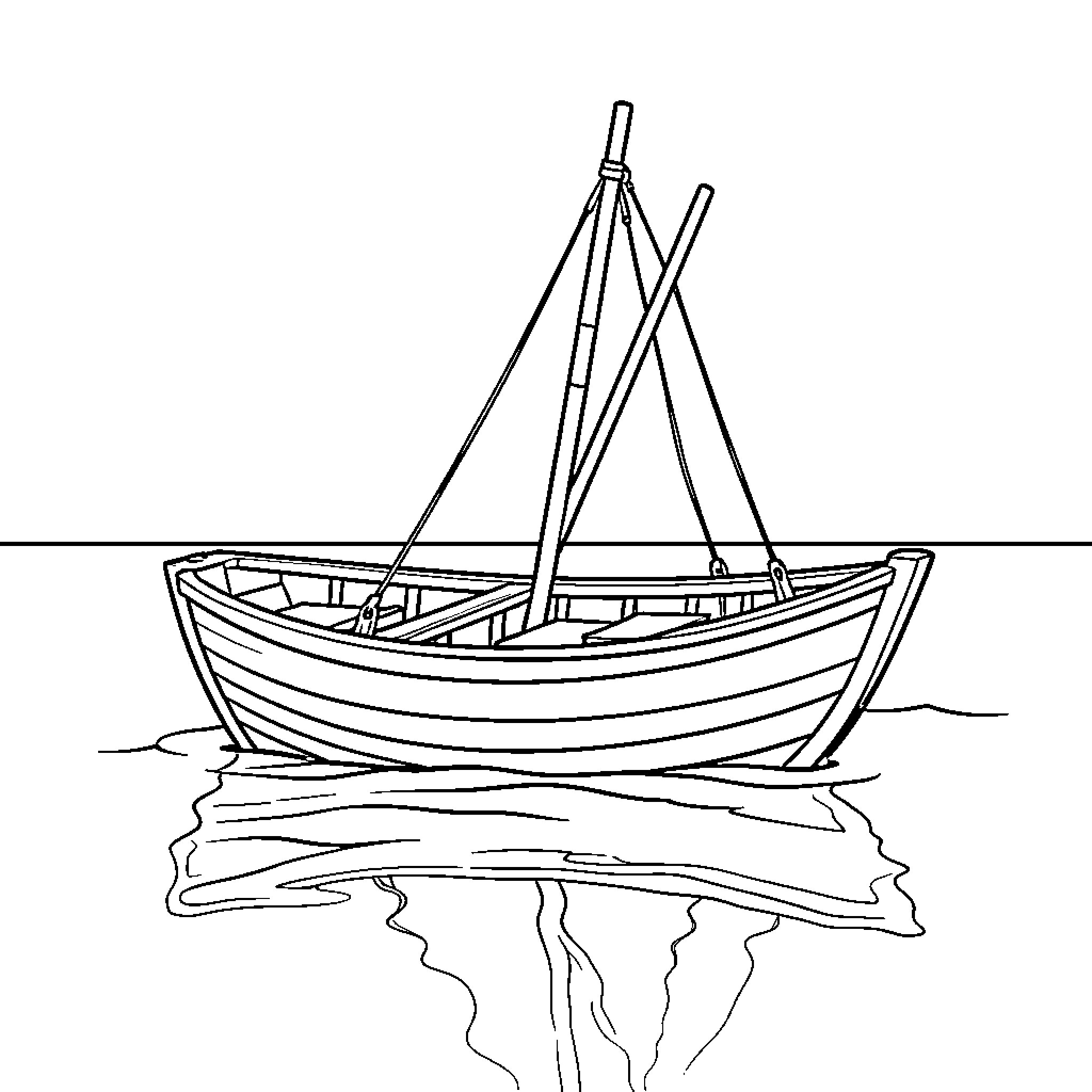 Fishing Boat floating calmly on the water surface Coloring Page (free black-and-white line drawing printable PDF for all, from beginners to advanced learners, including children, teens, adults, and seniors)