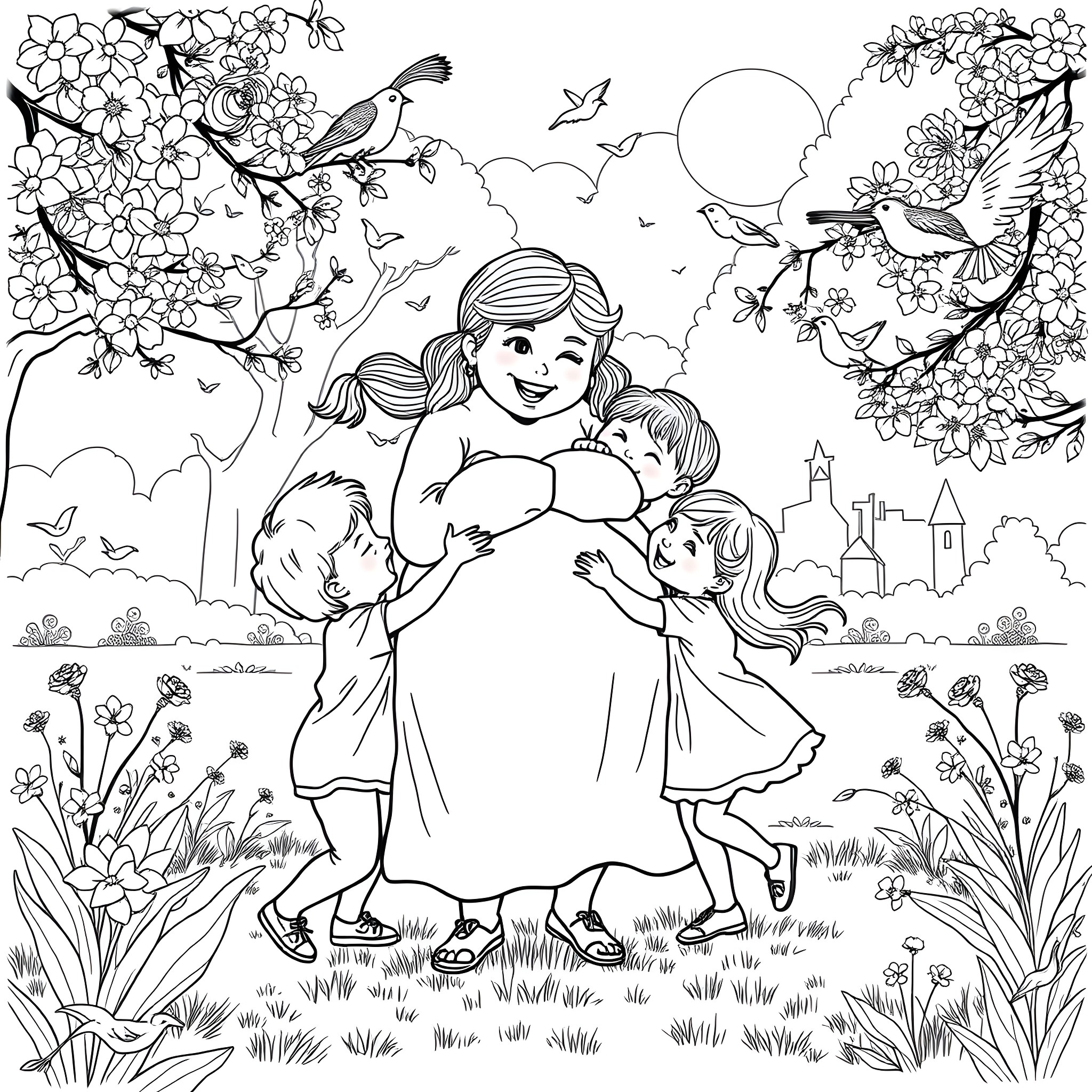 Mom embracing children in a flowery garden Coloring Page (free black-and-white line drawing printable PDF for all, from beginners to advanced learners, including children, teens, adults, and seniors)