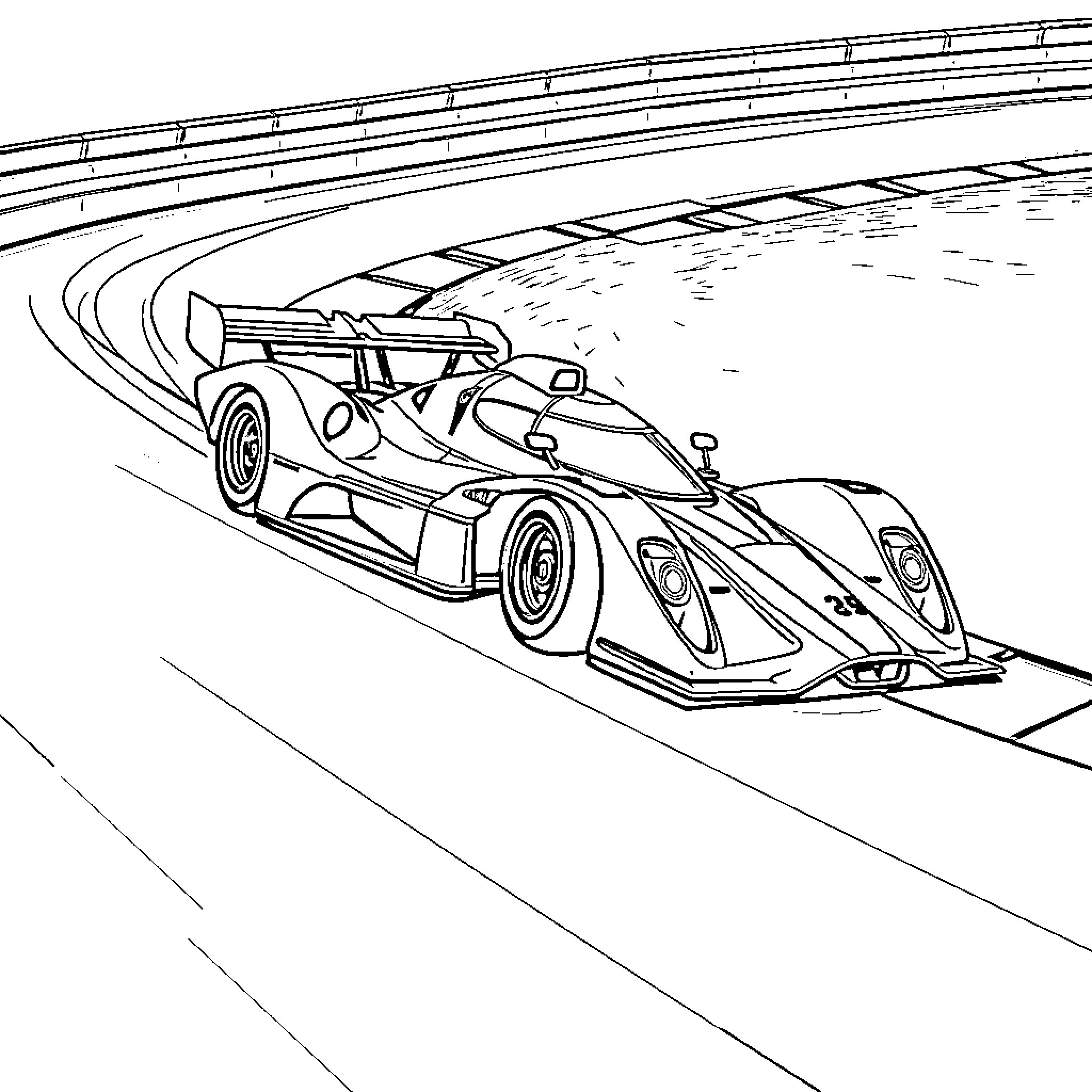 Racecar speeding on the track Coloring Page (free black-and-white line drawing printable PDF for all, from beginners to advanced learners, including children, teens, adults, and seniors)