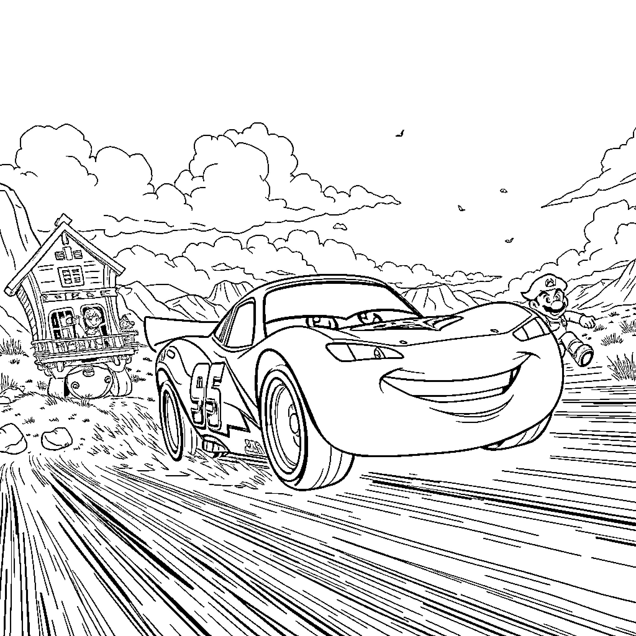 Lightning McQueen racing through the countryside Coloring Page (free black-and-white line drawing printable PDF for all, from beginners to advanced learners, including children, teens, adults, and seniors)
