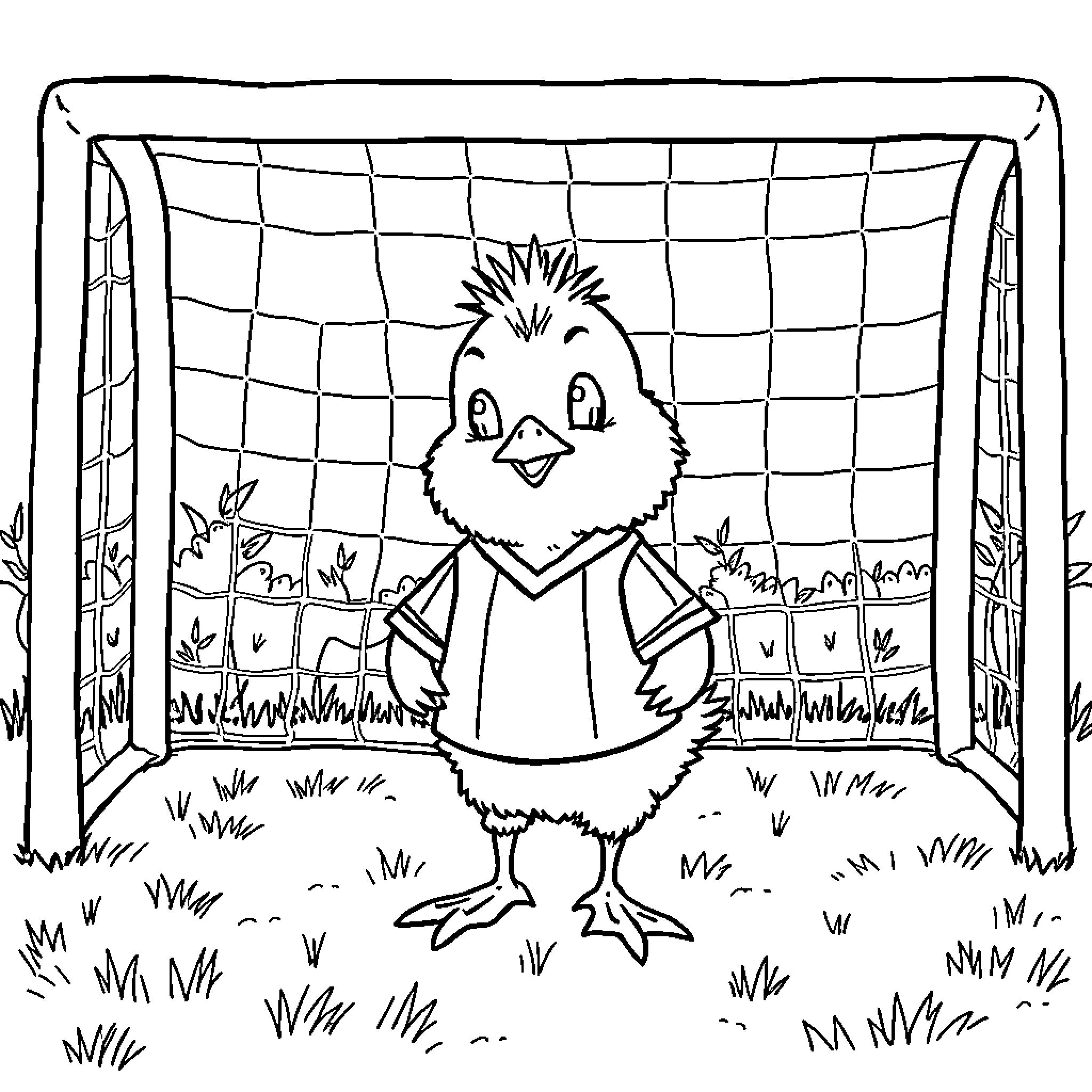 Chick playing soccer in a field Coloring Page (free black-and-white line drawing printable PDF for all, from beginners to advanced learners, including children, teens, adults, and seniors)