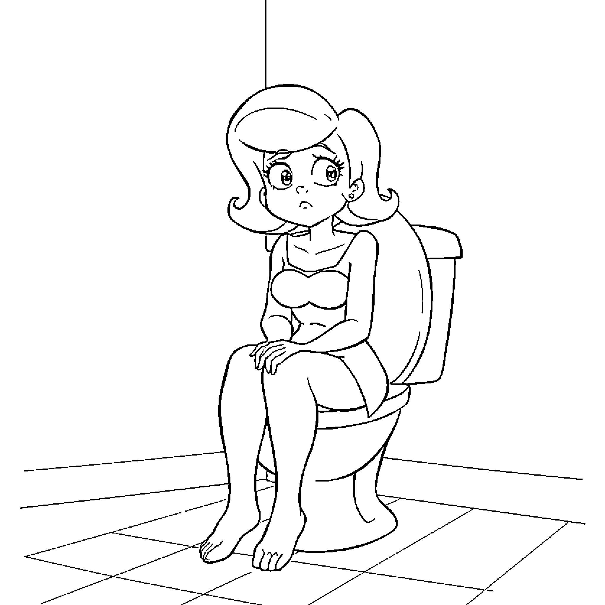 Snow White feeling sad and alone in the bathroom Coloring Page (free black-and-white line drawing printable PDF for all, from beginners to advanced learners, including children, teens, adults, and seniors)