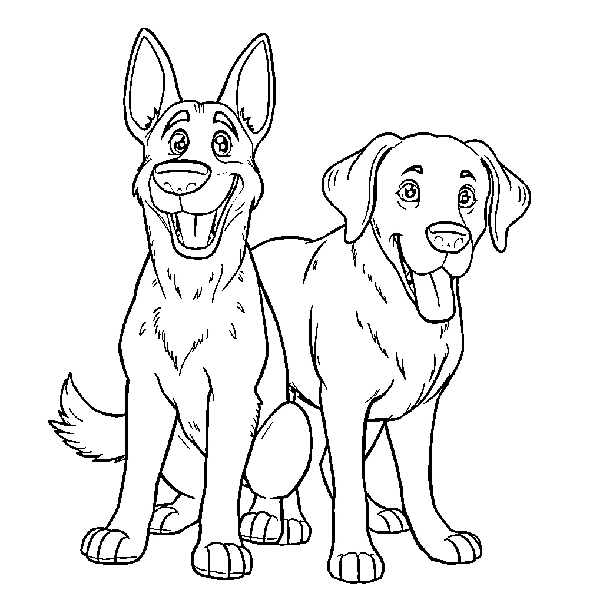 Dogs posing happily together Coloring Page (free black-and-white line drawing printable PDF for all, from beginners to advanced learners, including children, teens, adults, and seniors)
