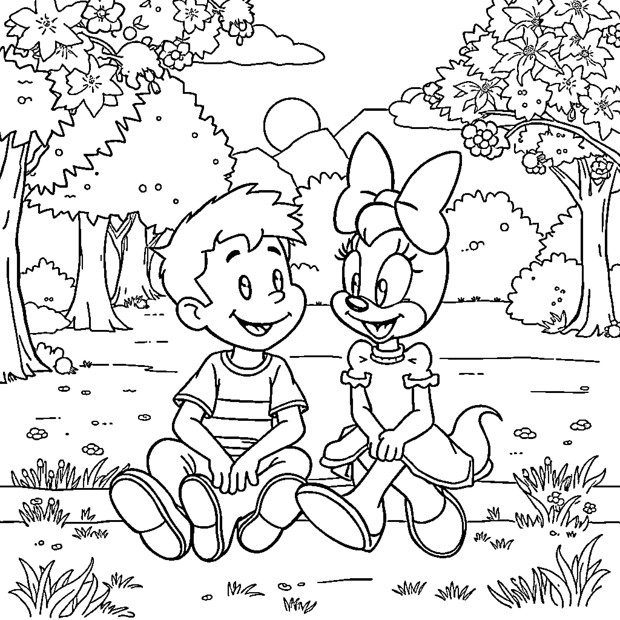 Mikey and Minnie's Outdoor Adventure Coloring Page (free black-and-white line drawing printable PDF for all, from beginners to advanced learners, including children, teens, adults, and seniors)