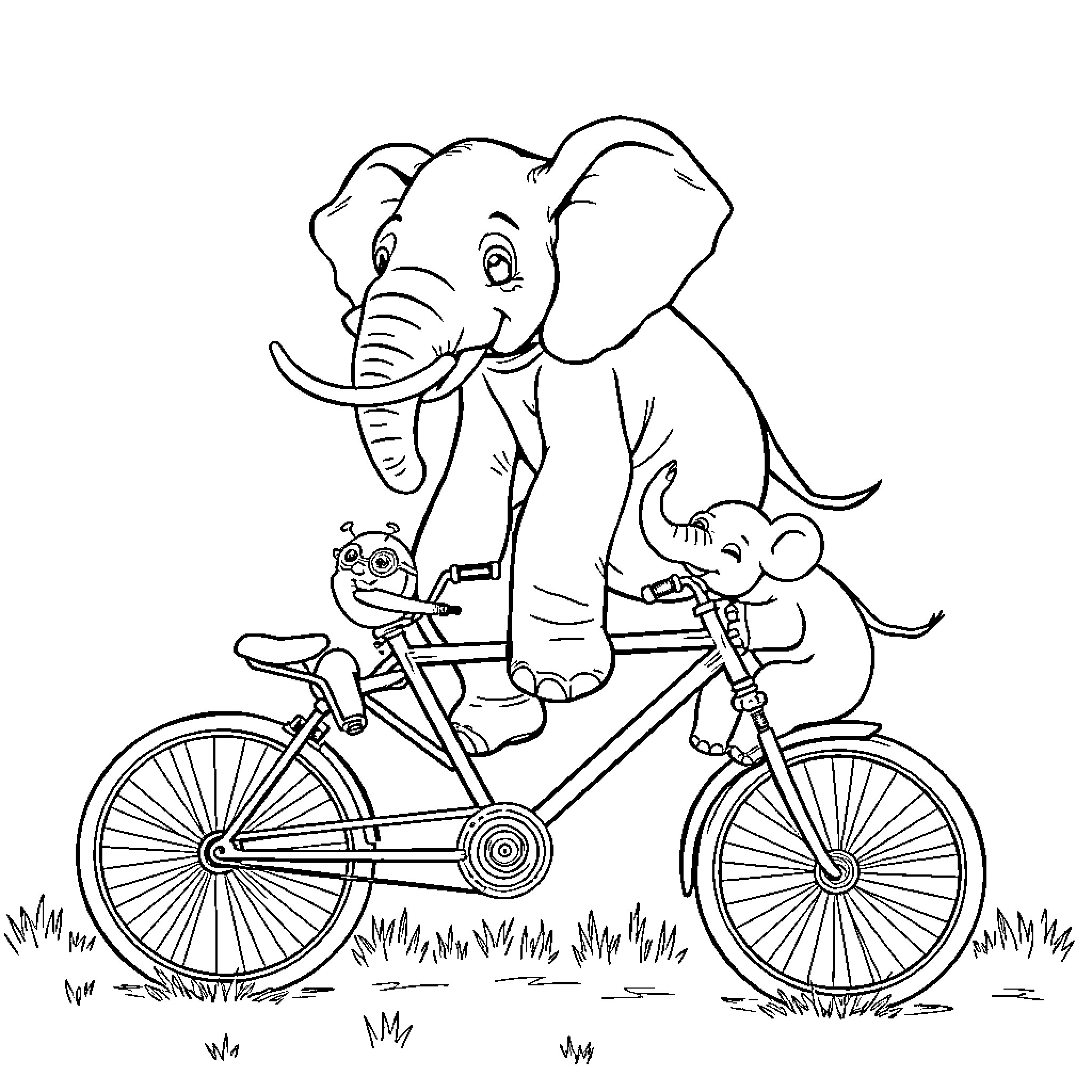 Elephant and mice riding a bicycle Coloring Page (free black-and-white line drawing printable PDF for all, from beginners to advanced learners, including children, teens, adults, and seniors)