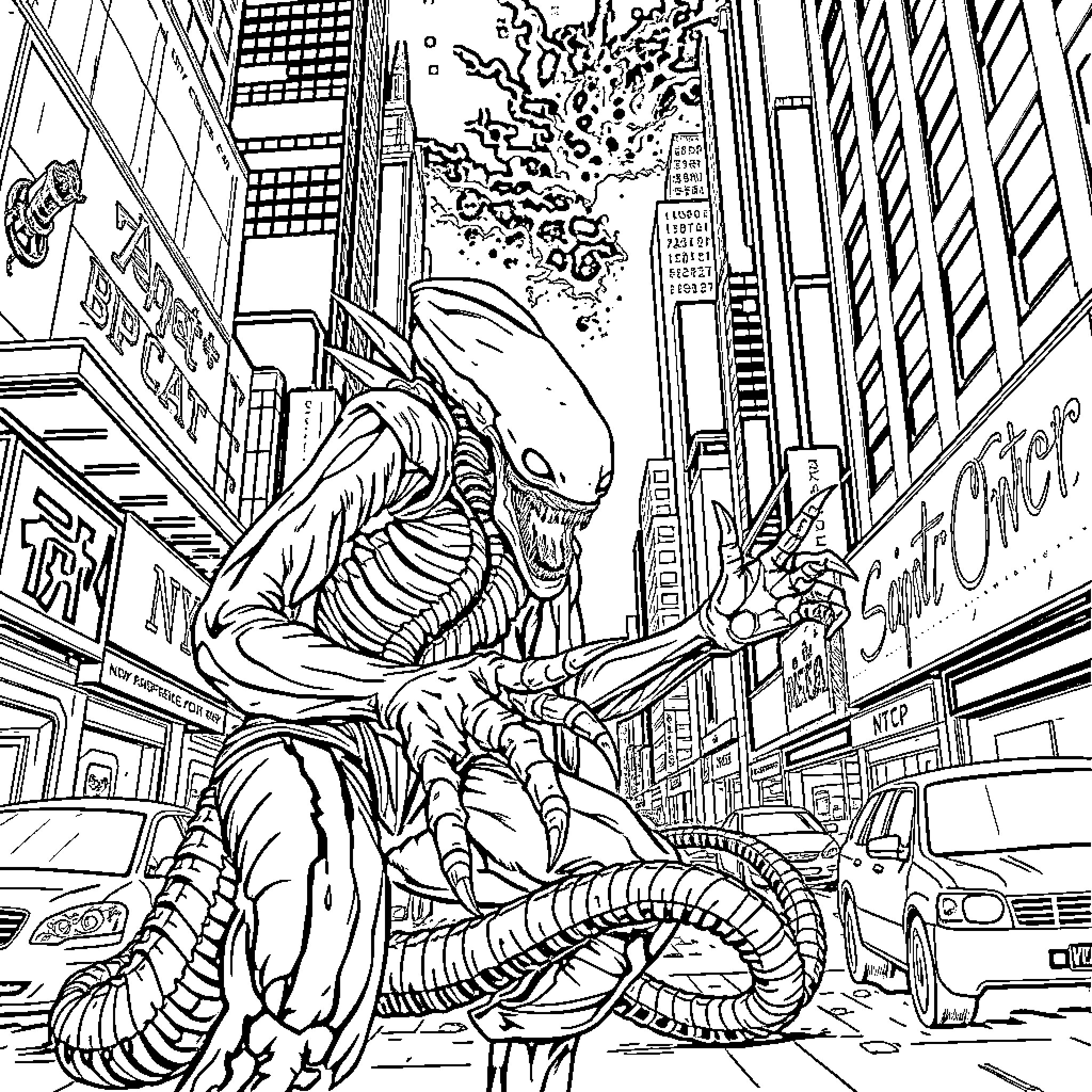 Alien Monster Attacks City Skyline Coloring Page (free black-and-white line drawing printable PDF for all, from beginners to advanced learners, including children, teens, adults, and seniors)