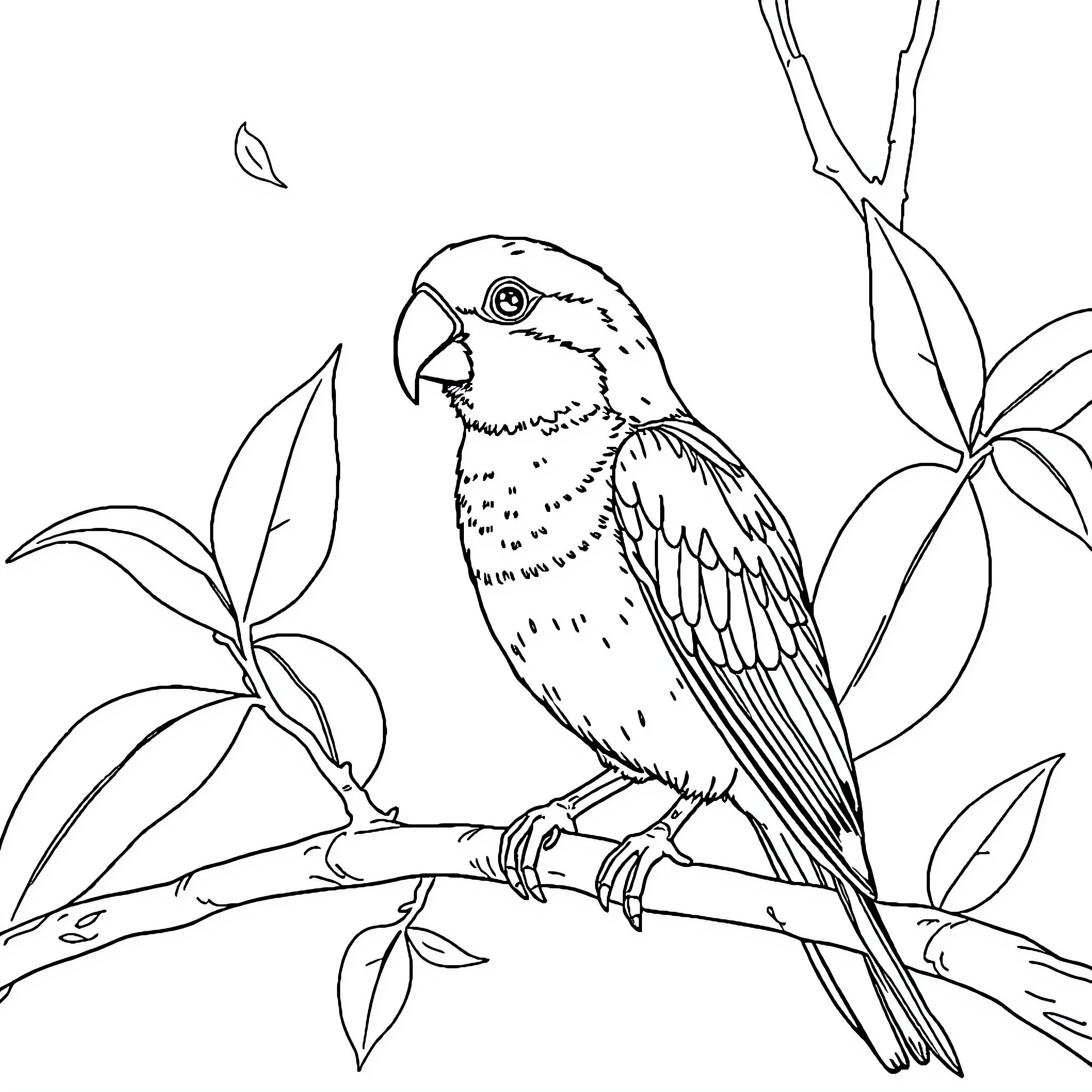 Bird resting on branch surrounded by foliage Coloring Page (free black-and-white line drawing printable PDF for all, from beginners to advanced learners, including children, teens, adults, and seniors)