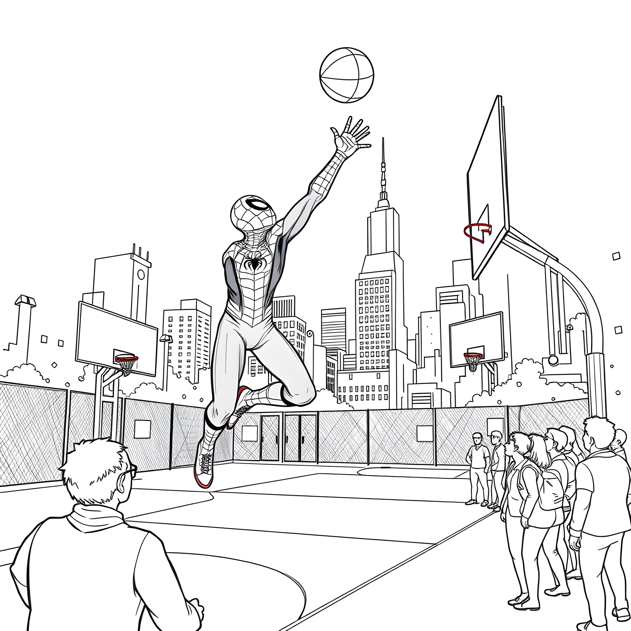 Spider-Man performing heroic actions in the city Coloring Page (free black-and-white line drawing printable PDF for all, from beginners to advanced learners, including children, teens, adults, and seniors)