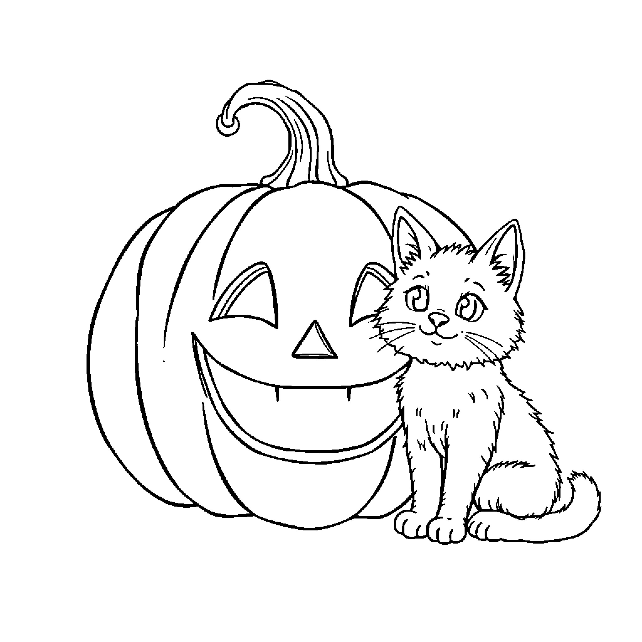 Pumpkin and Curious Kitten Coloring Page (free black-and-white line drawing printable PDF for all, from beginners to advanced learners, including children, teens, adults, and seniors)