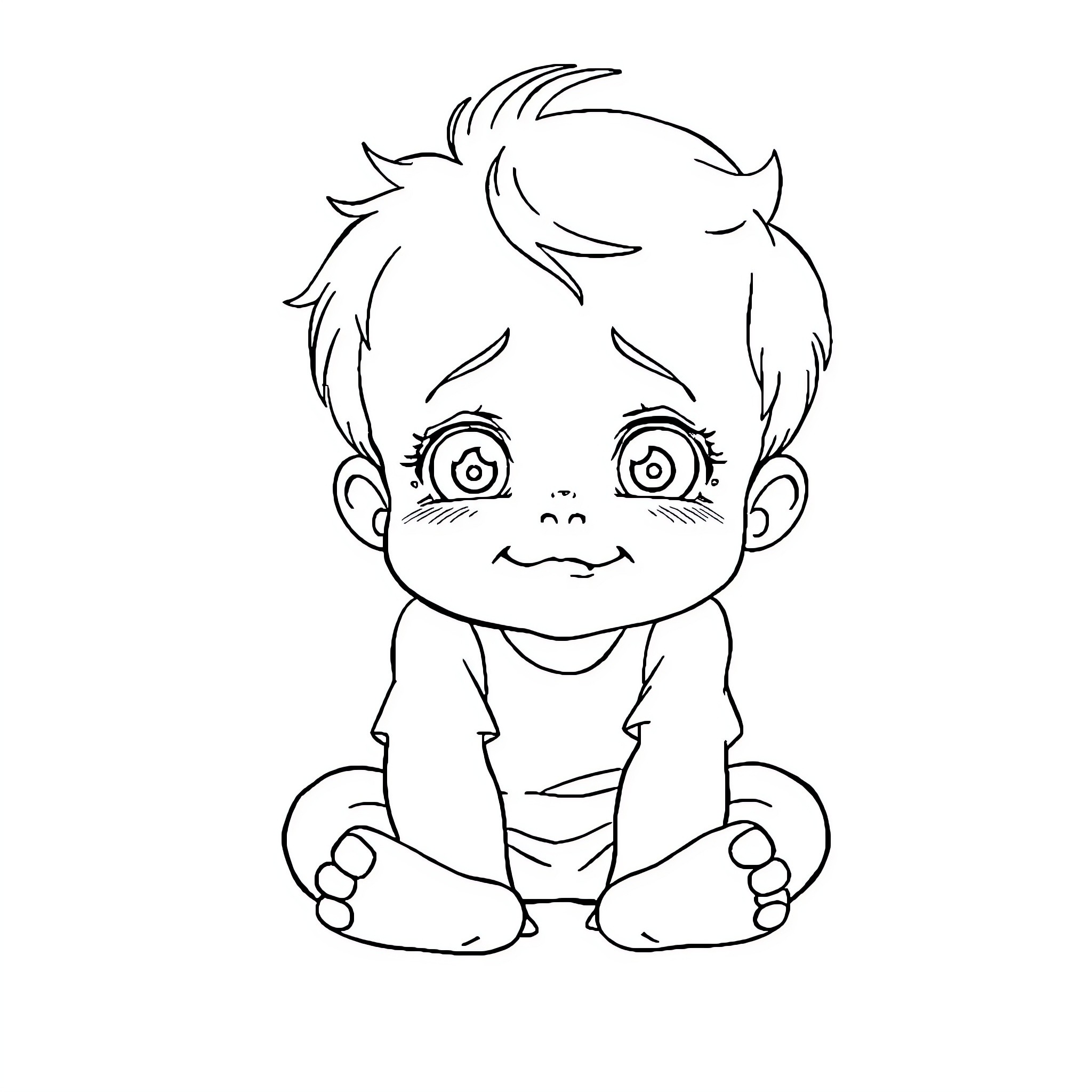 Kid with big eyes and messy hair Coloring Page (free black-and-white line drawing printable PDF for all, from beginners to advanced learners, including children, teens, adults, and seniors)