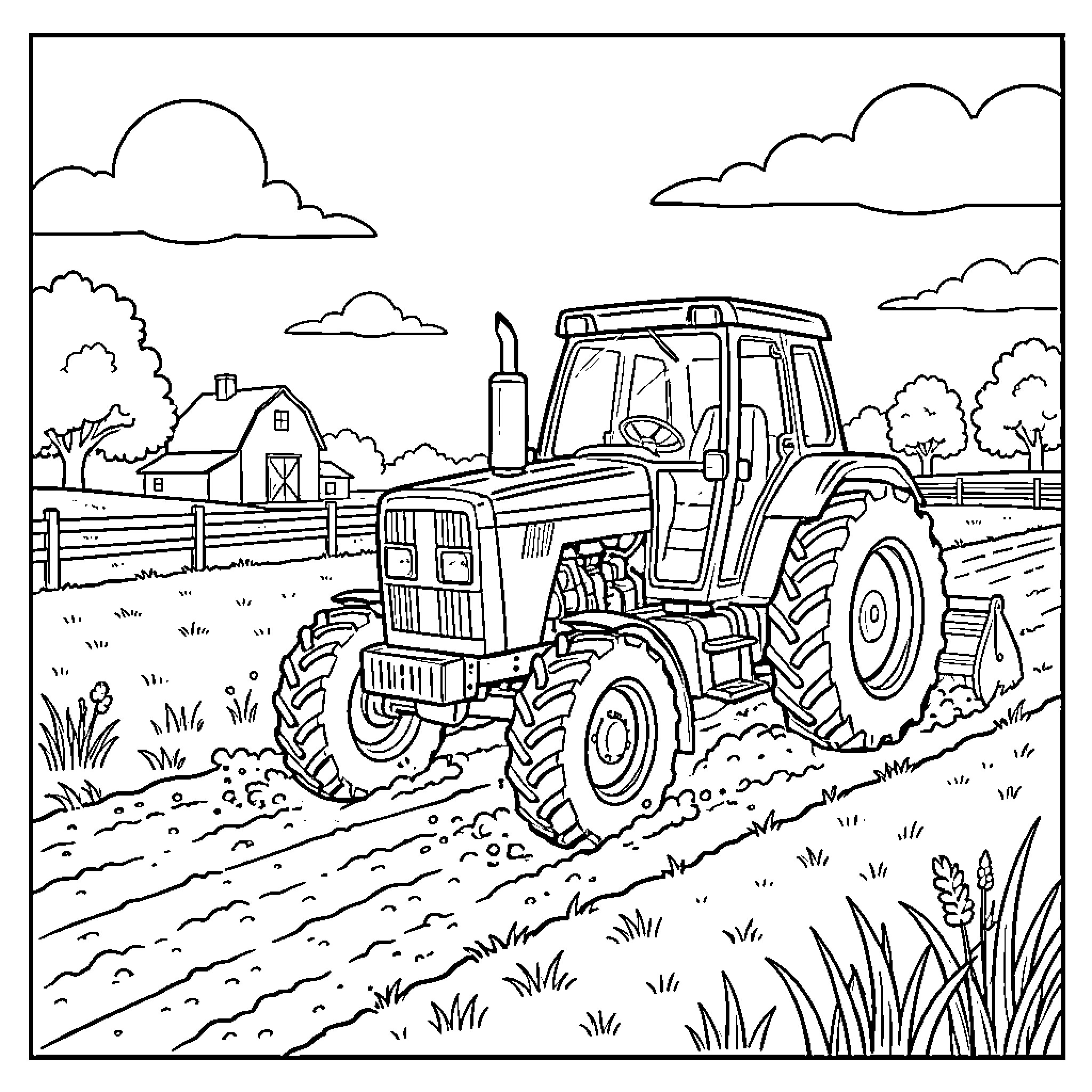 Tractor working on a farmland in rural landscape Coloring Page (free black-and-white line drawing printable PDF for all, from beginners to advanced learners, including children, teens, adults, and seniors)