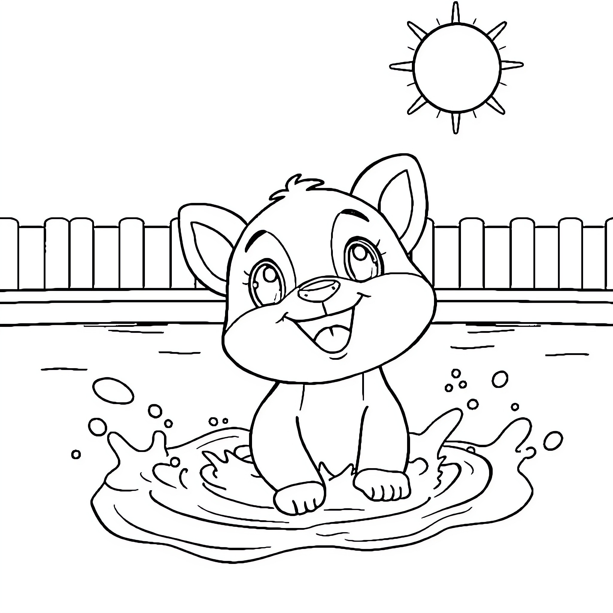 Bluey splashing happily in the puddle Coloring Page (free black-and-white line drawing printable PDF for all, from beginners to advanced learners, including children, teens, adults, and seniors)