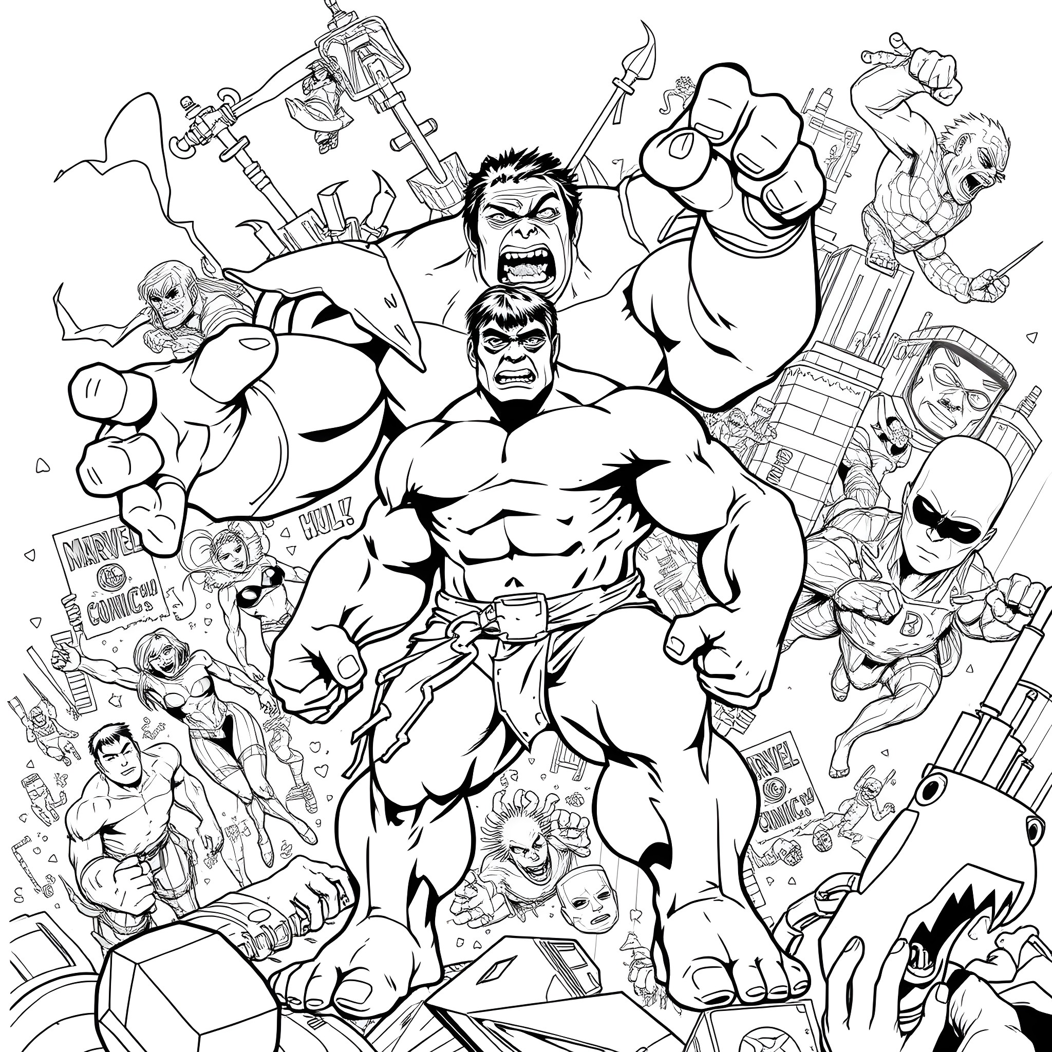 Character Mayhem: Superheroes in Action Coloring Page (free black-and-white line drawing printable PDF for all, from beginners to advanced learners, including children, teens, adults, and seniors)