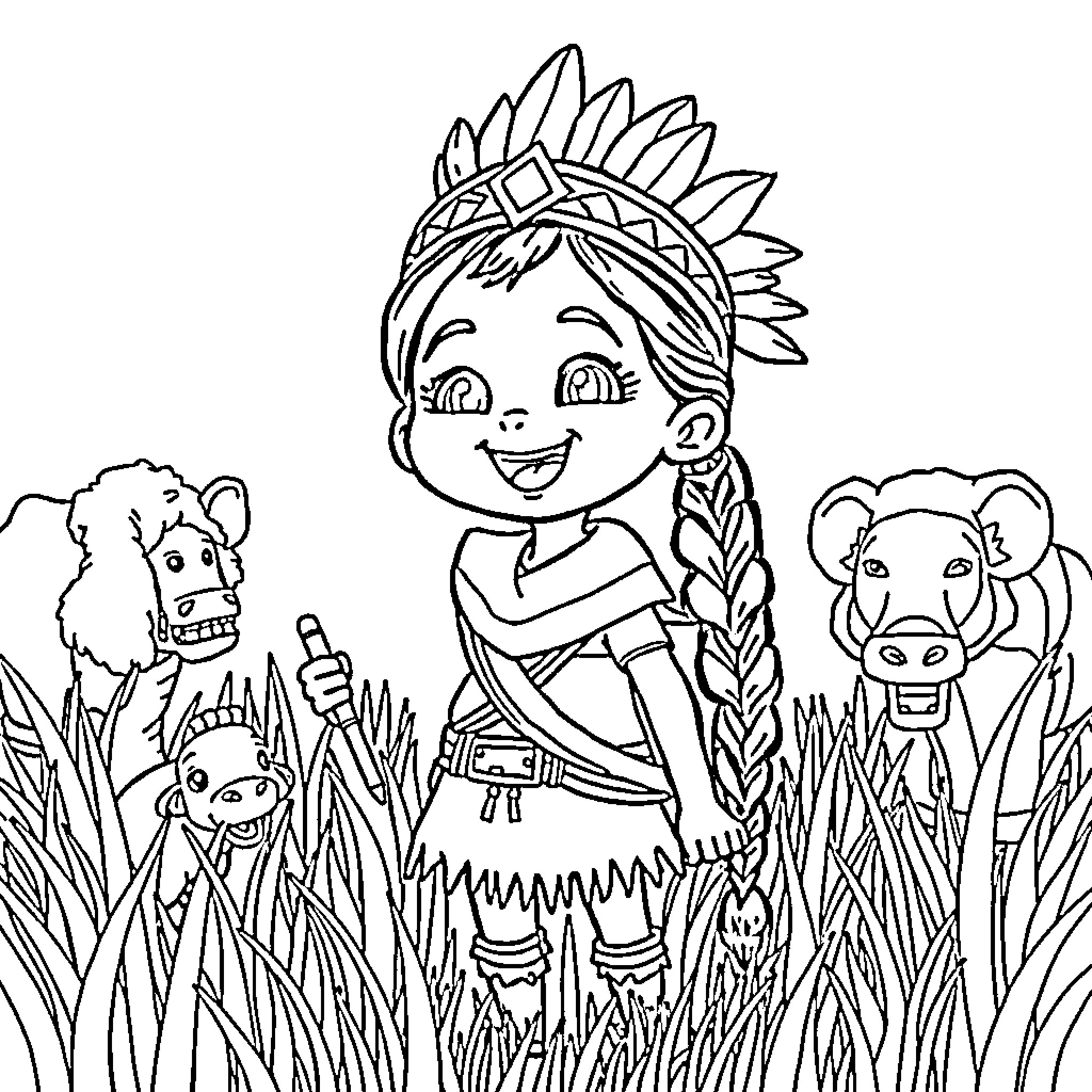 Girl playing happily with animal friends in the wild Coloring Page (free black-and-white line drawing printable PDF for all, from beginners to advanced learners, including children, teens, adults, and seniors)