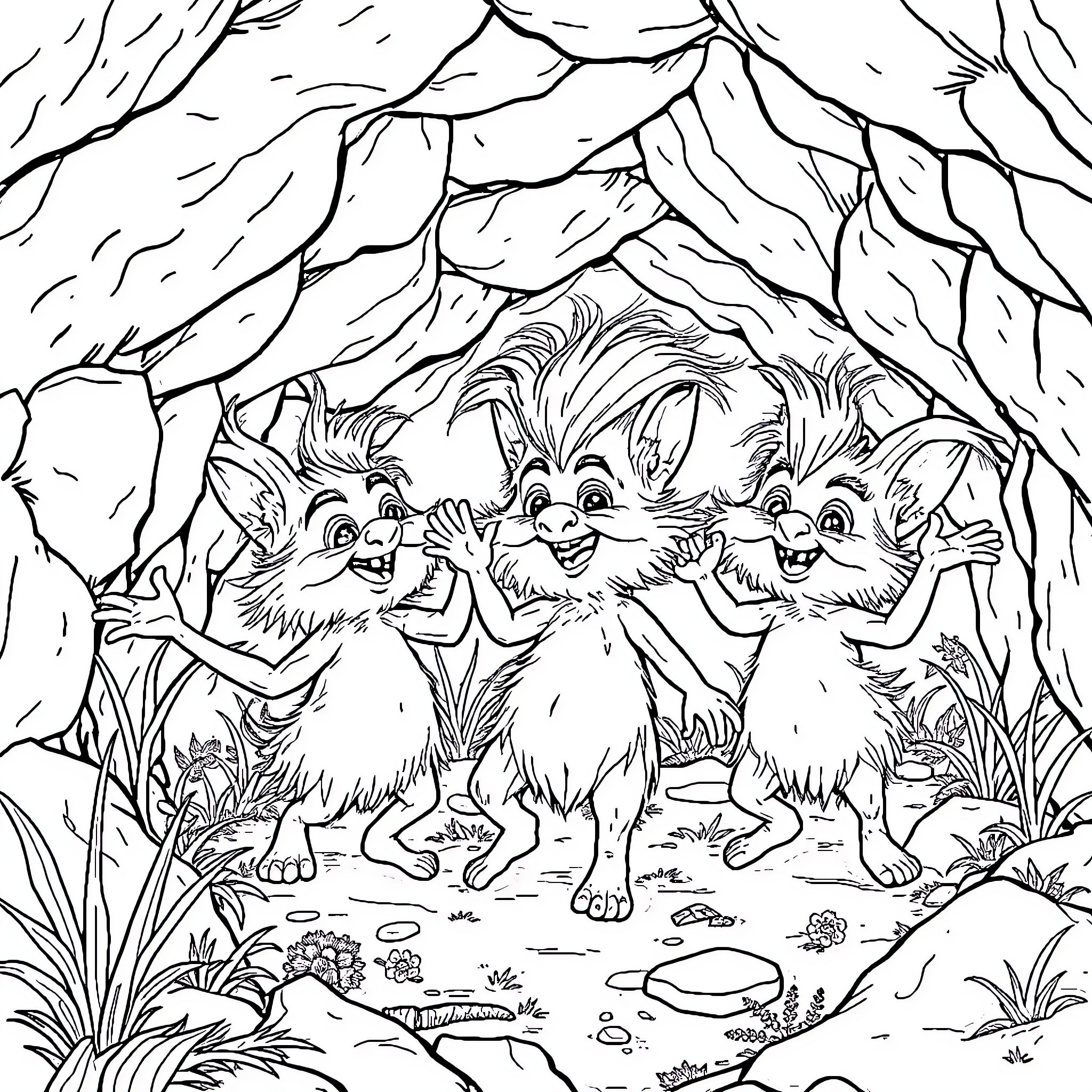 Fraggle Furry Friends Frolic in Foliage Coloring Page (free black-and-white line drawing printable PDF for all, from beginners to advanced learners, including children, teens, adults, and seniors)