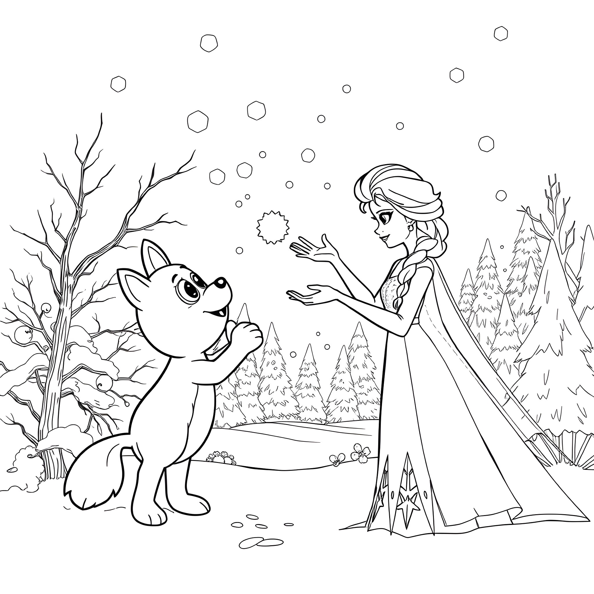 Elsa playing with a wolf in the snowy forest Coloring Page (free black-and-white line drawing printable PDF for all, from beginners to advanced learners, including children, teens, adults, and seniors)
