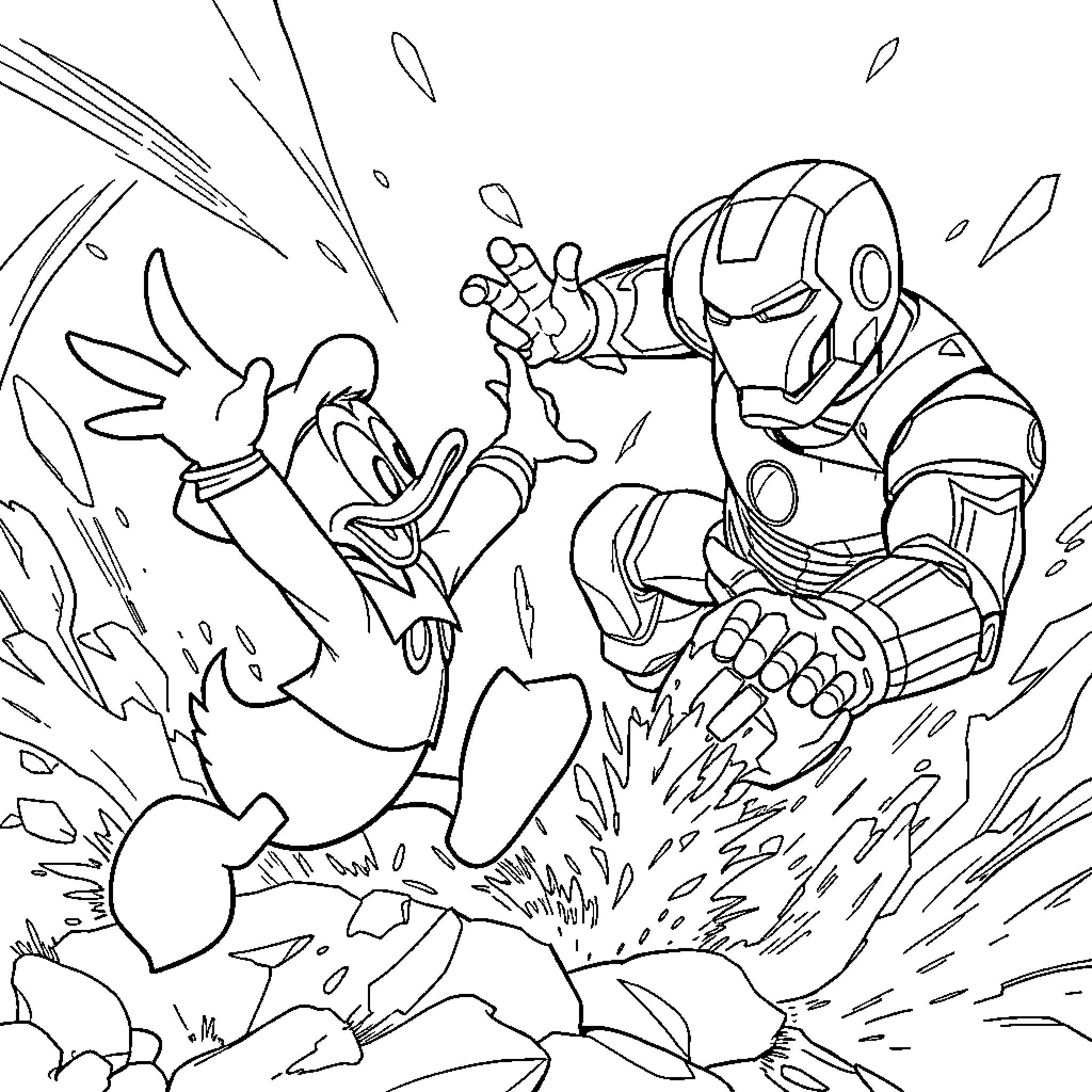 Donald Duck meets Iron Man in an epic clash Coloring Page (free black-and-white line drawing printable PDF for all, from beginners to advanced learners, including children, teens, adults, and seniors)