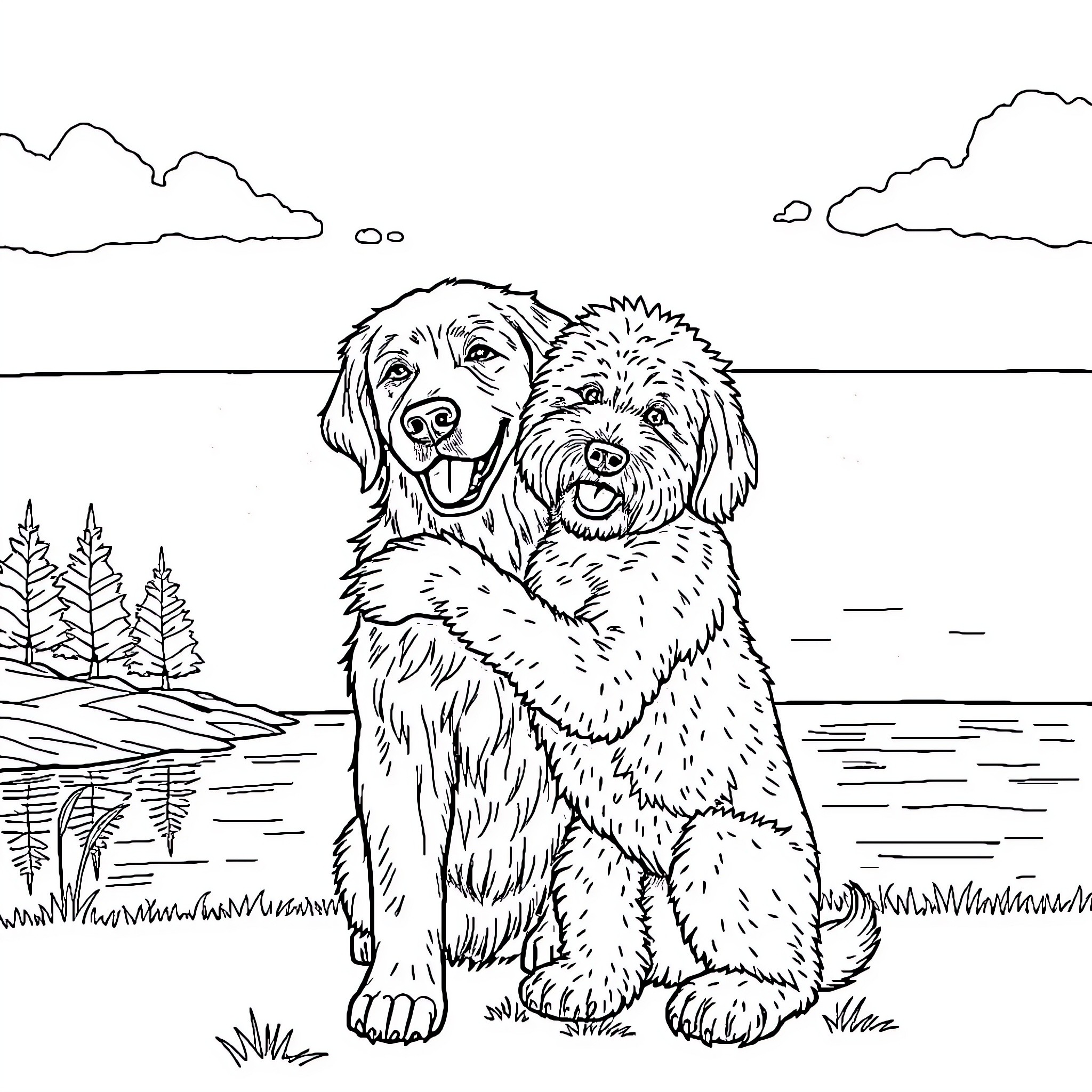 Dog friends posing by the lake Coloring Page (free black-and-white line drawing printable PDF for all, from beginners to advanced learners, including children, teens, adults, and seniors)