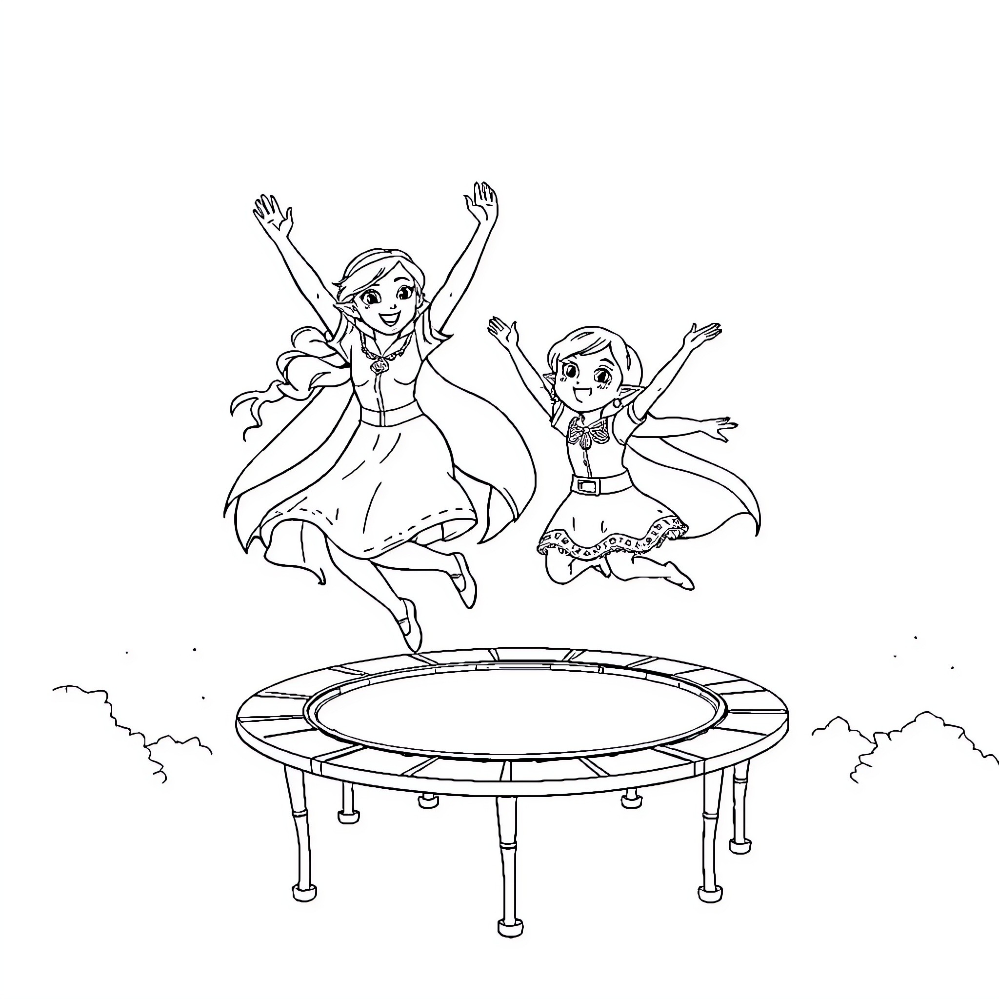 Queen's Joyful Leaps on Trampoline Coloring Page (free black-and-white line drawing printable PDF for all, from beginners to advanced learners, including children, teens, adults, and seniors)