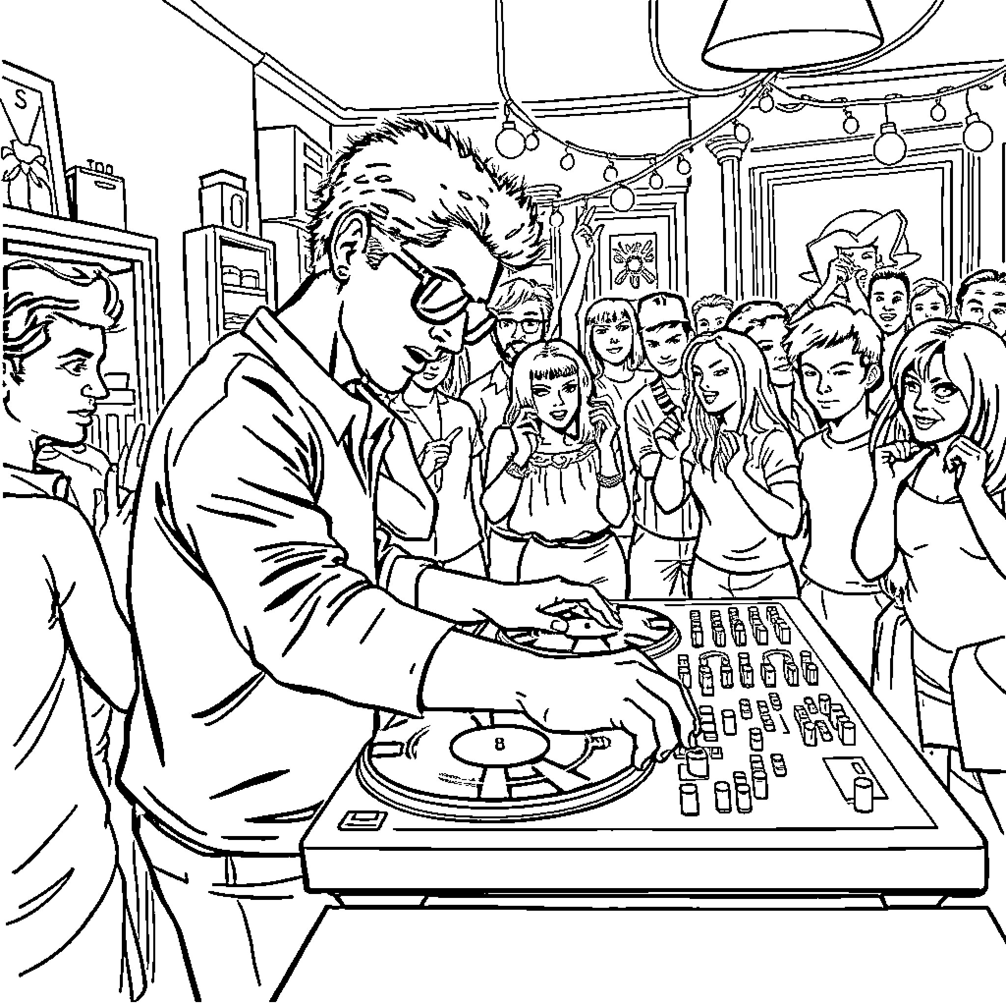 DJ Energizing the Crowd with Lively Music Coloring Page (free black-and-white line drawing printable PDF for all, from beginners to advanced learners, including children, teens, adults, and seniors)