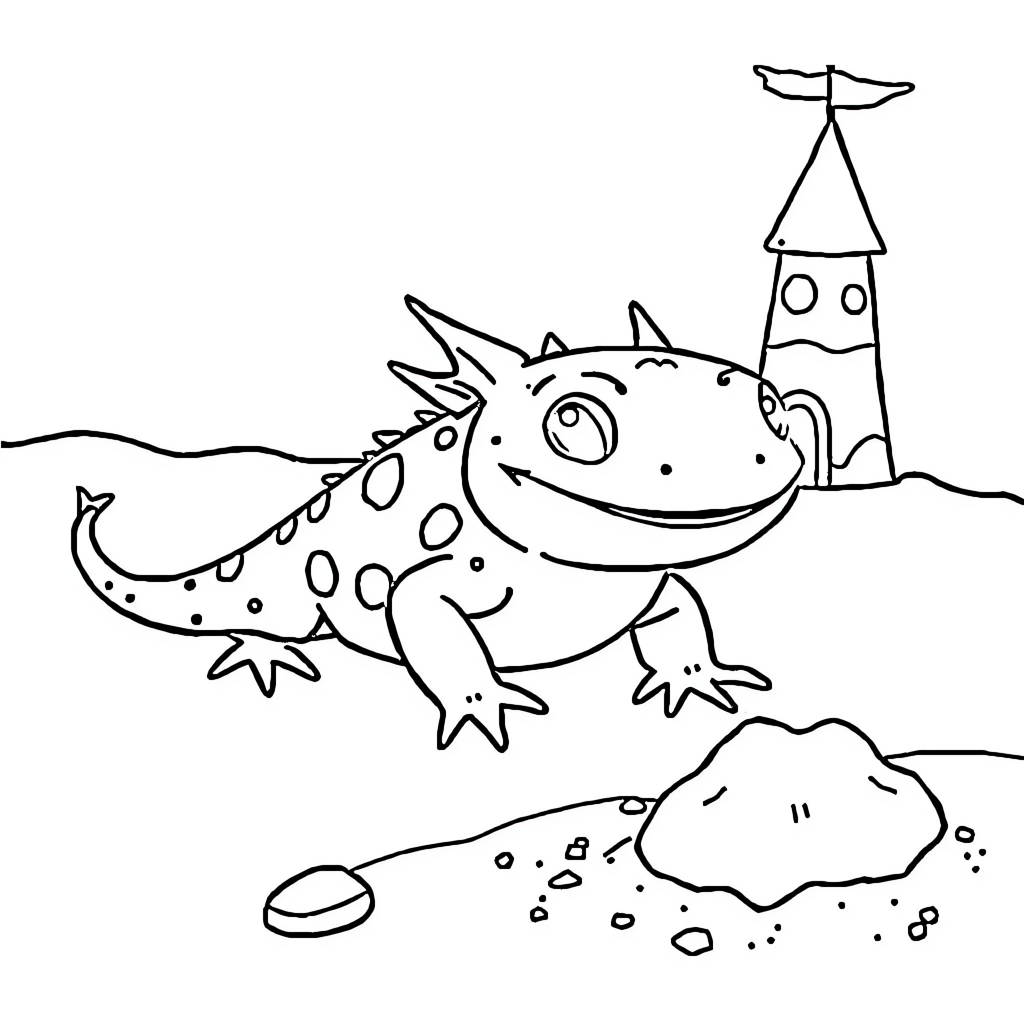 Axolotl exploring whimsical landscape Coloring Page (free black-and-white line drawing printable PDF for all, from beginners to advanced learners, including children, teens, adults, and seniors)