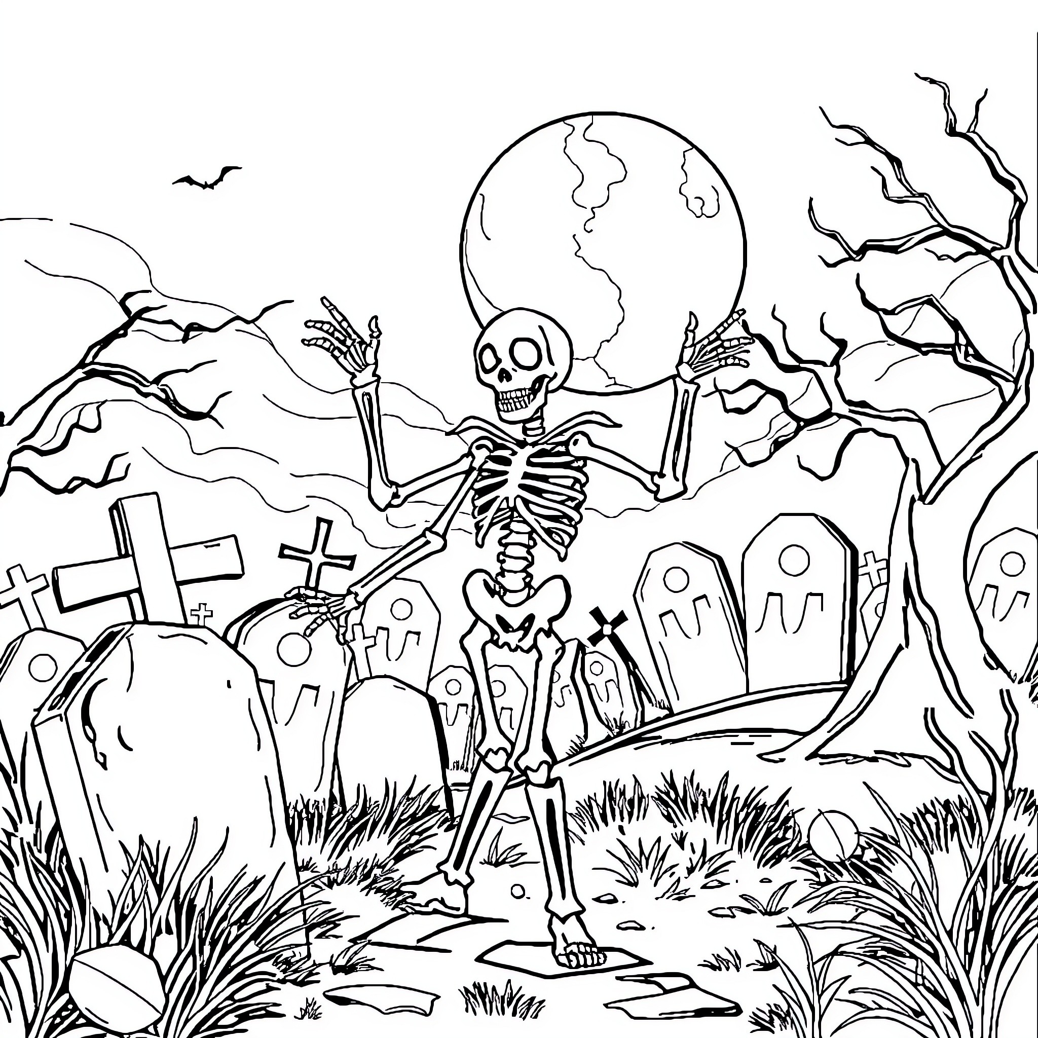Skeleton Dancing Joyfully in Haunting Graveyard Coloring Page (free black-and-white line drawing printable PDF for all, from beginners to advanced learners, including children, teens, adults, and seniors)
