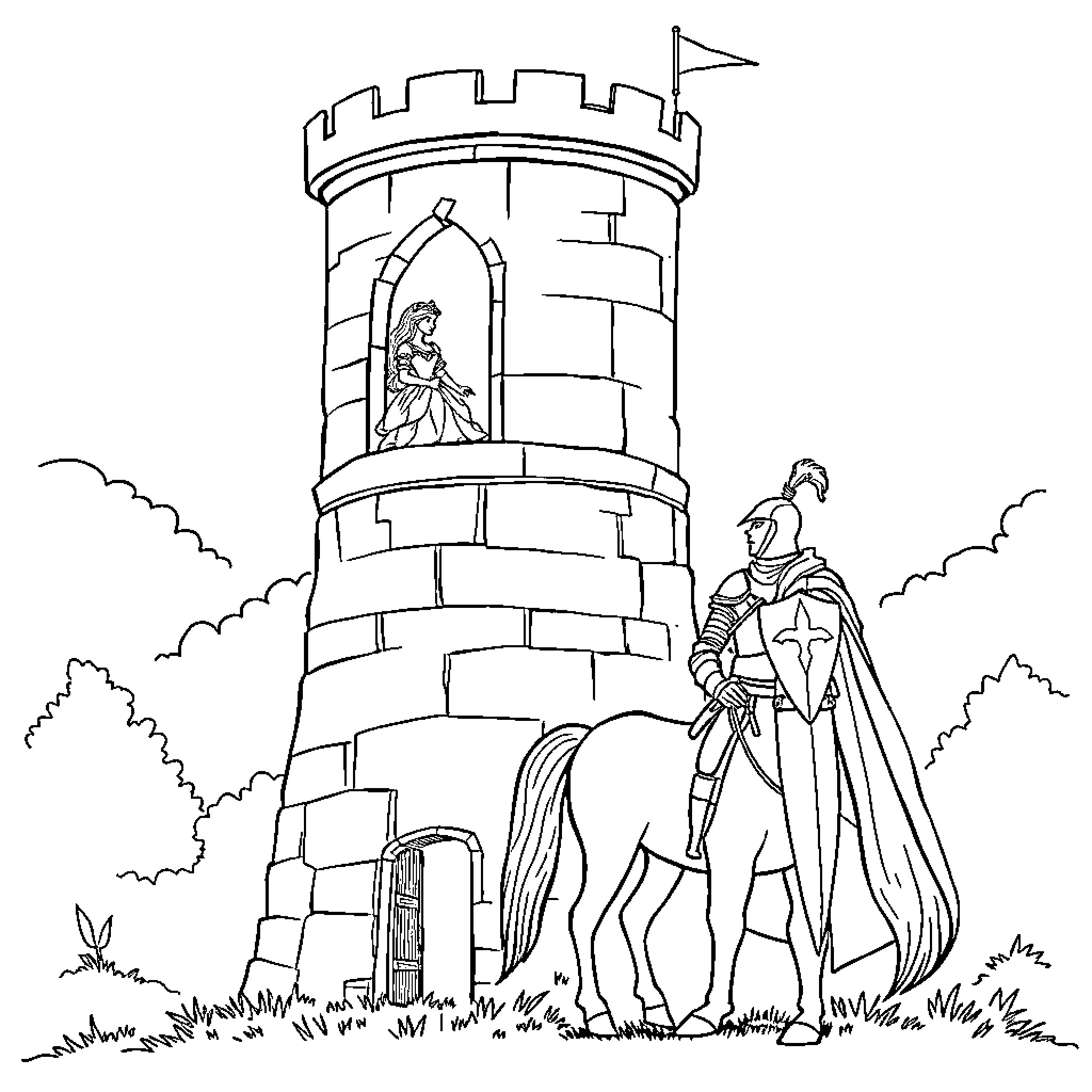 Princess standing guard in a medieval tower Coloring Page (free black-and-white line drawing printable PDF for all, from beginners to advanced learners, including children, teens, adults, and seniors)