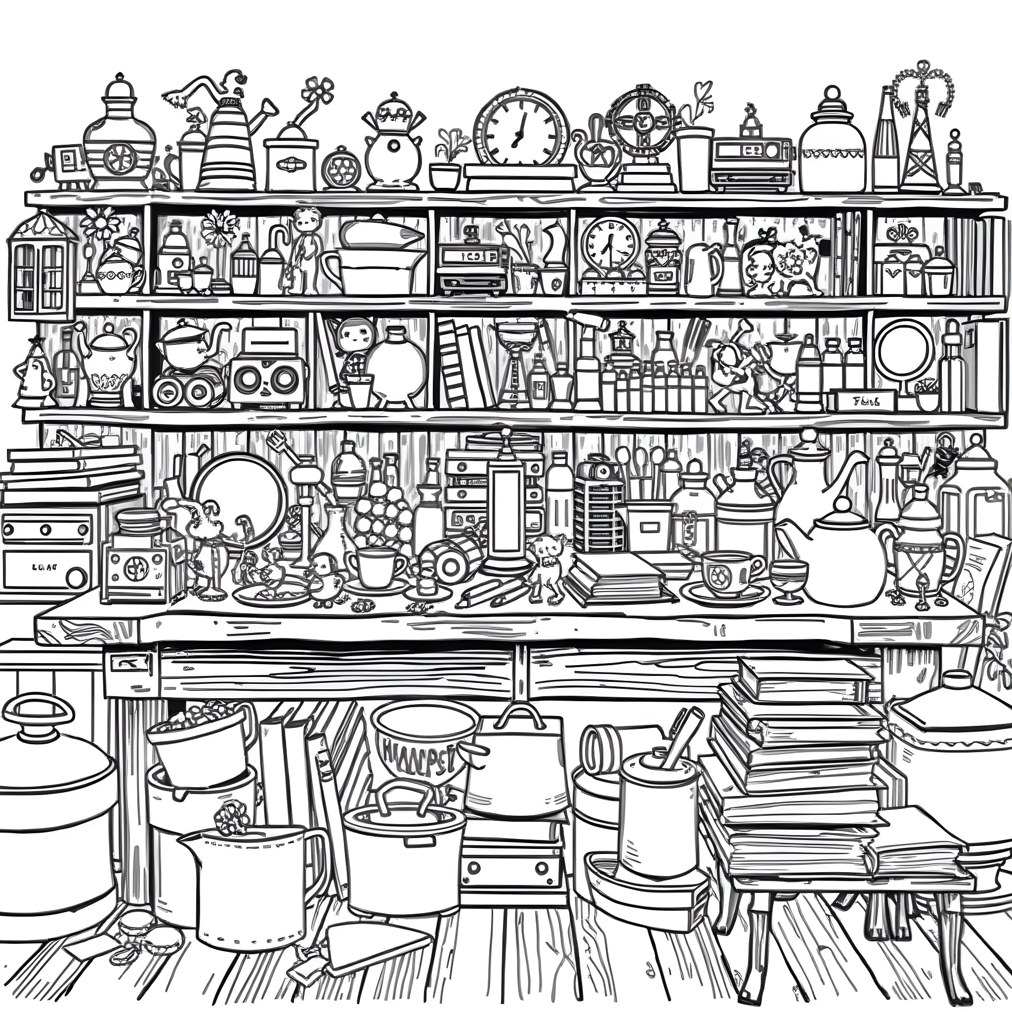 Object-filled Shelves in Cozy Workroom Coloring Page (free black-and-white line drawing printable PDF for all, from beginners to advanced learners, including children, teens, adults, and seniors)