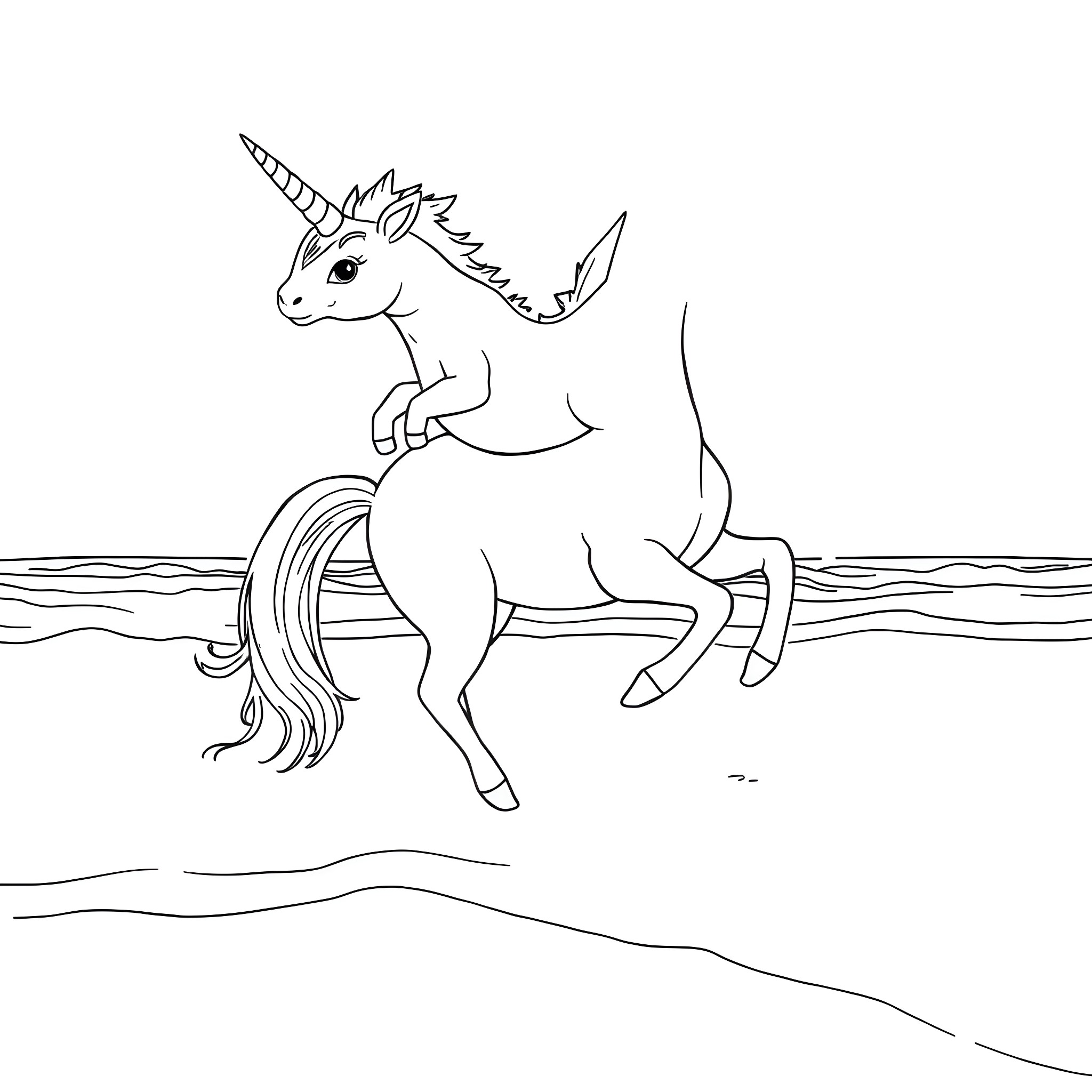 Axolotl riding a unicorn in the ocean Coloring Page (free black-and-white line drawing printable PDF for all, from beginners to advanced learners, including children, teens, adults, and seniors)
