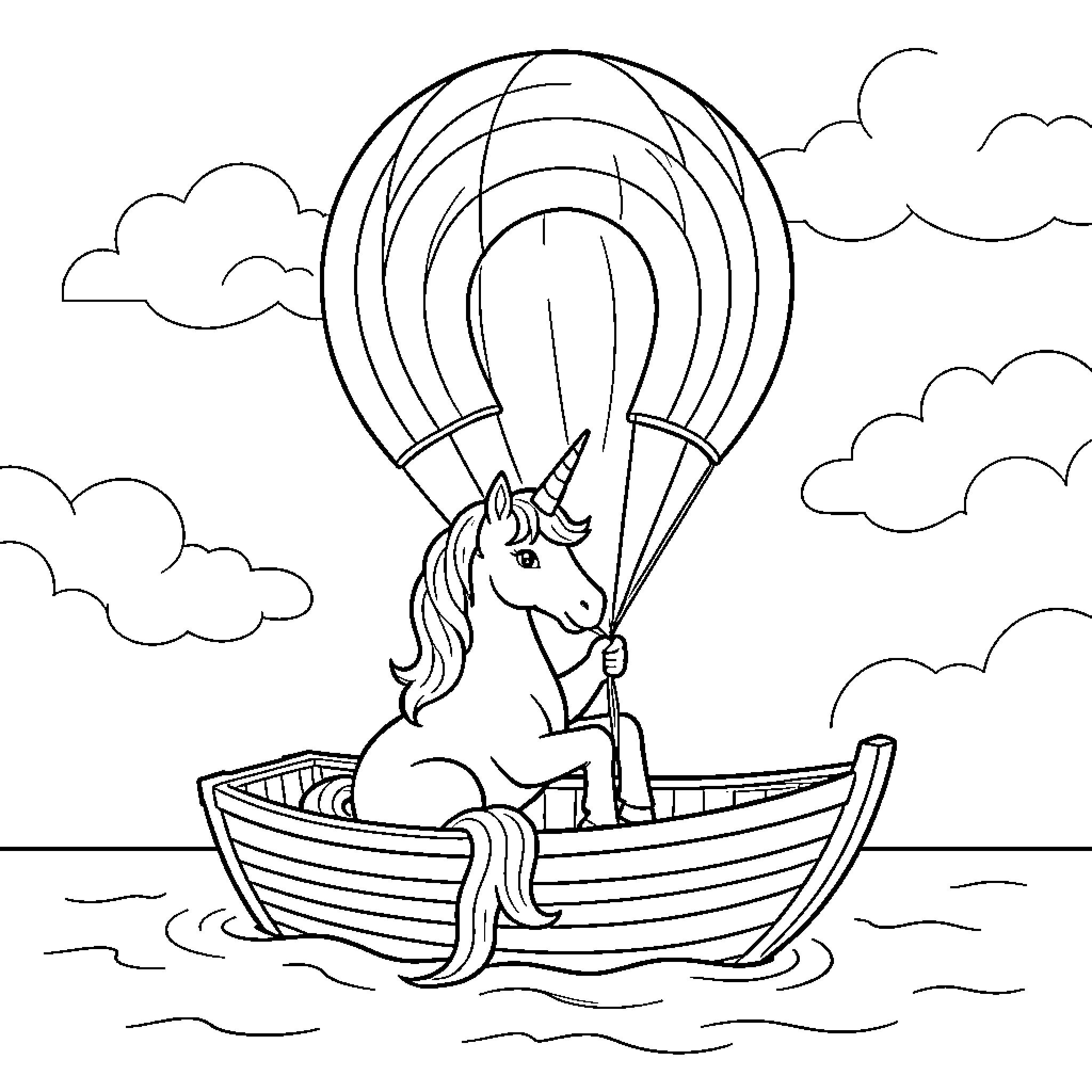 Unicorn sailing a boat with a large balloon Coloring Page (free black-and-white line drawing printable PDF for all, from beginners to advanced learners, including children, teens, adults, and seniors)
