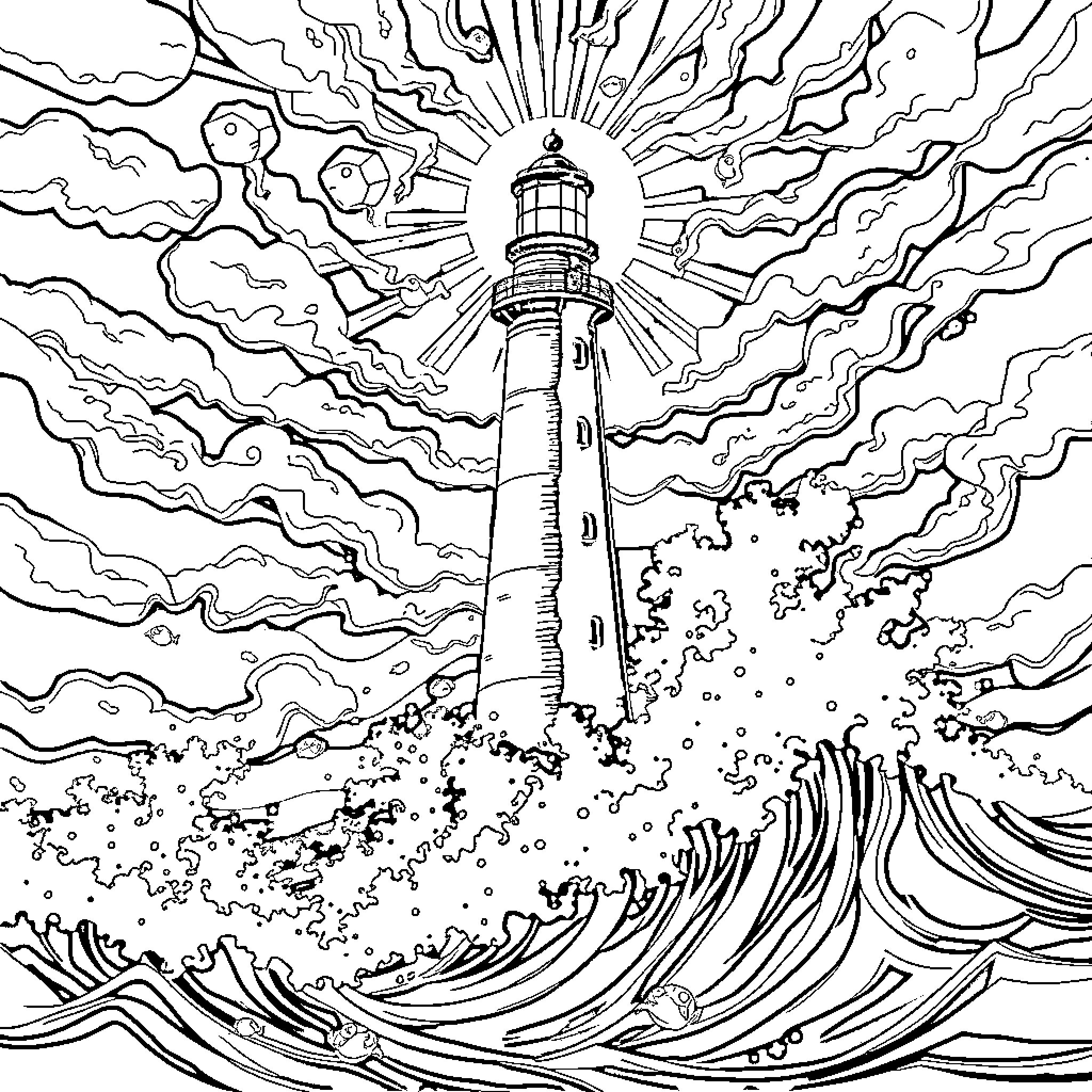 Lighthouse guiding through stormy seas Coloring Page (free black-and-white line drawing printable PDF for all, from beginners to advanced learners, including children, teens, adults, and seniors)
