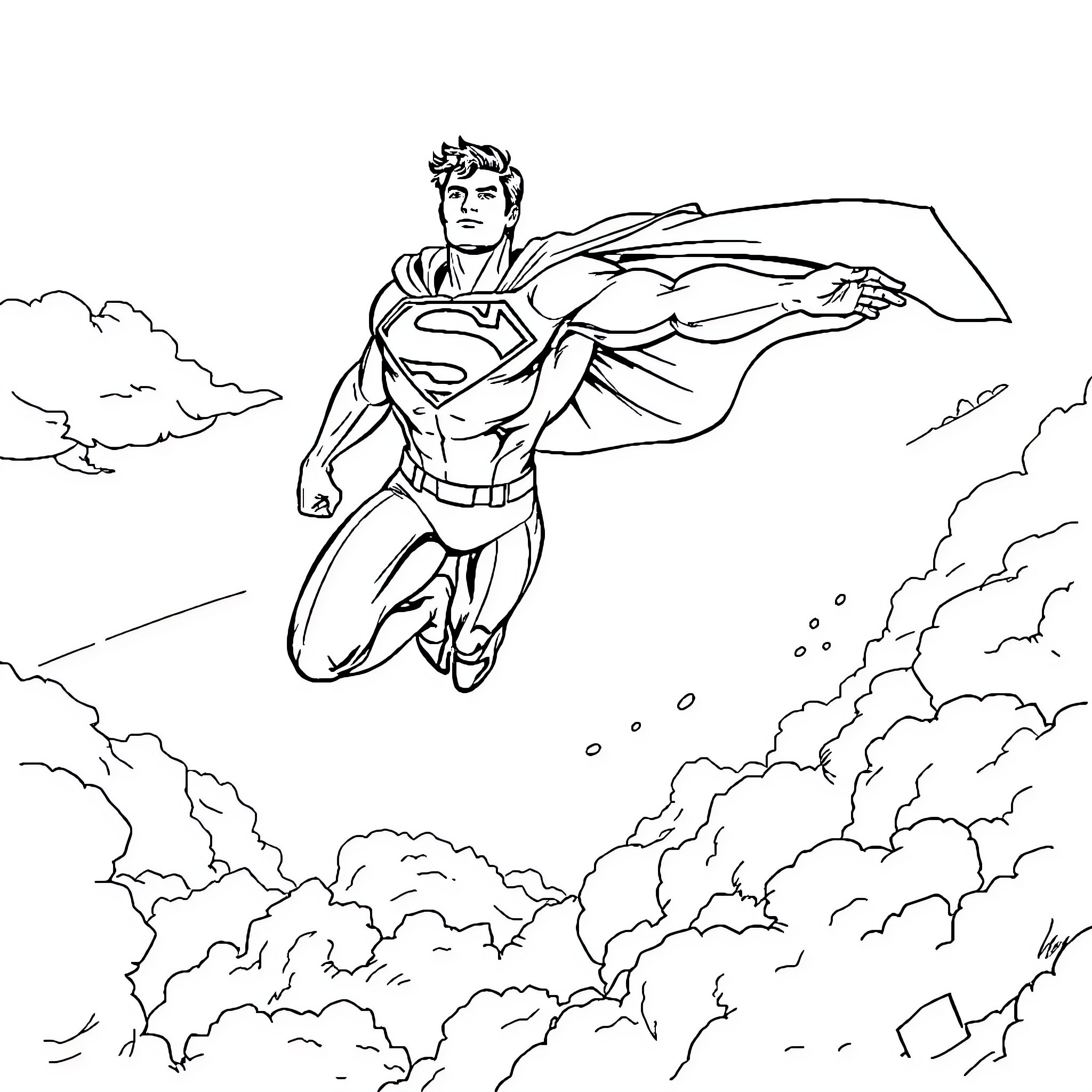 Superman soaring through the clouds Coloring Page (free black-and-white line drawing printable PDF for all, from beginners to advanced learners, including children, teens, adults, and seniors)