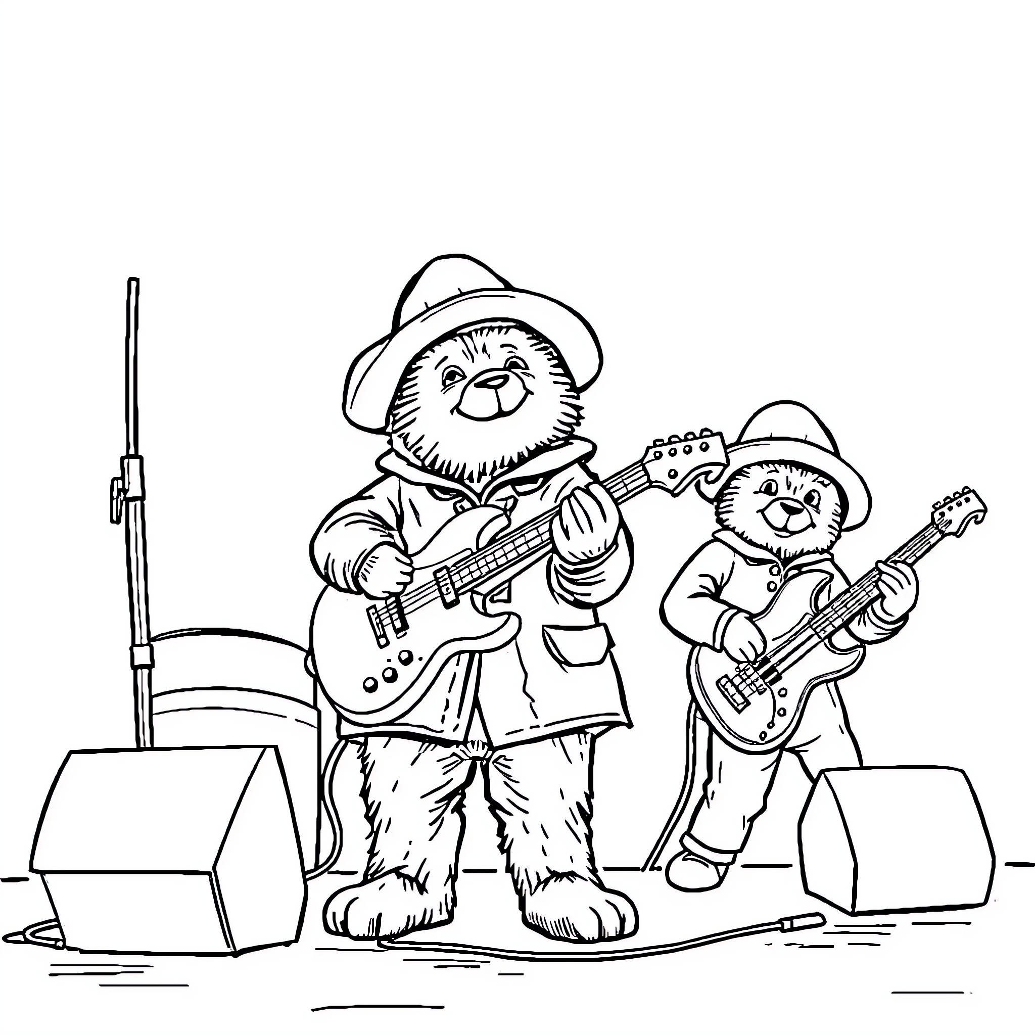 Paddington Bear and his bandmates perform at a concert Coloring Page (free black-and-white line drawing printable PDF for all, from beginners to advanced learners, including children, teens, adults, and seniors)