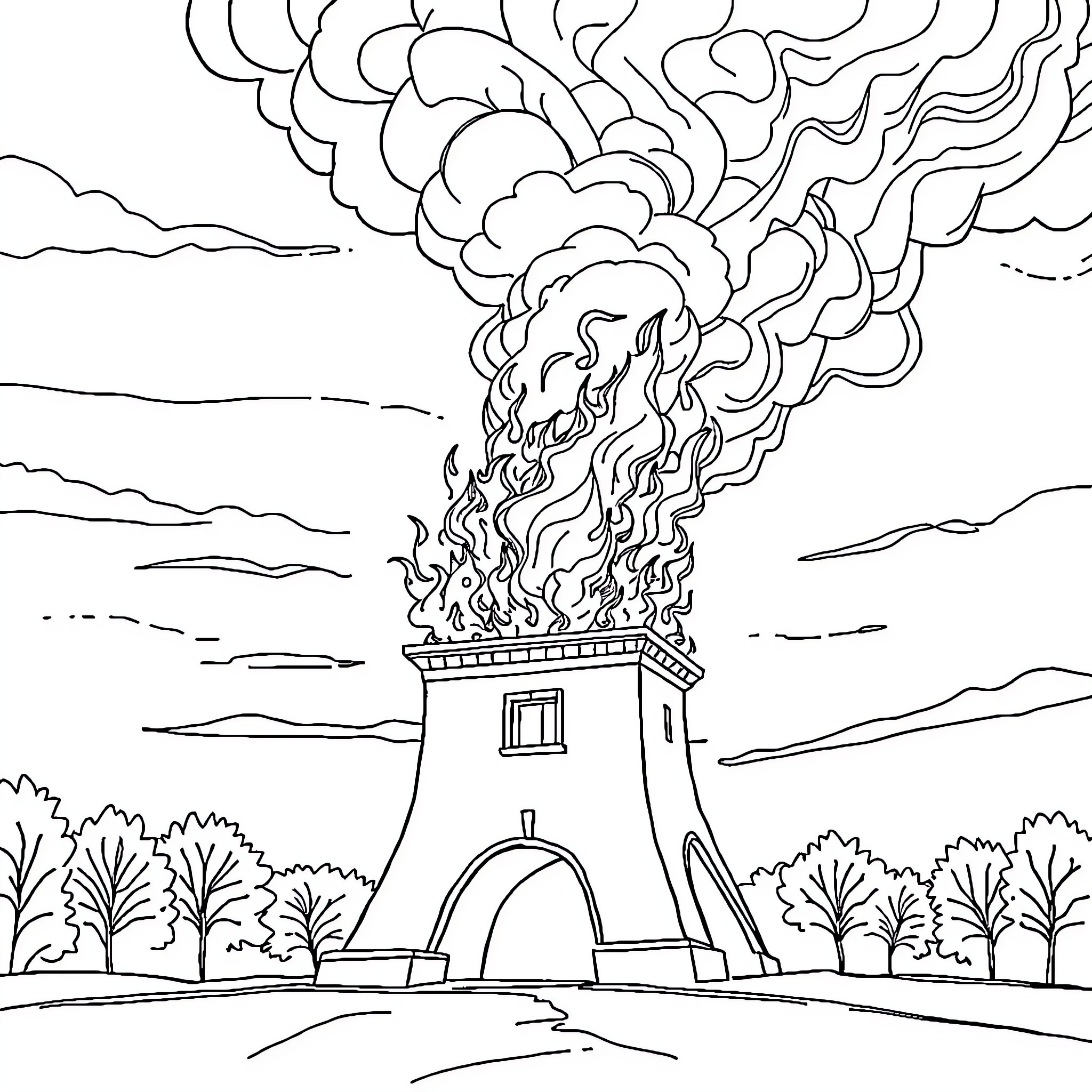 France: Dramatic fire engulfing a historic building Coloring Page (free black-and-white line drawing printable PDF for all, from beginners to advanced learners, including children, teens, adults, and seniors)