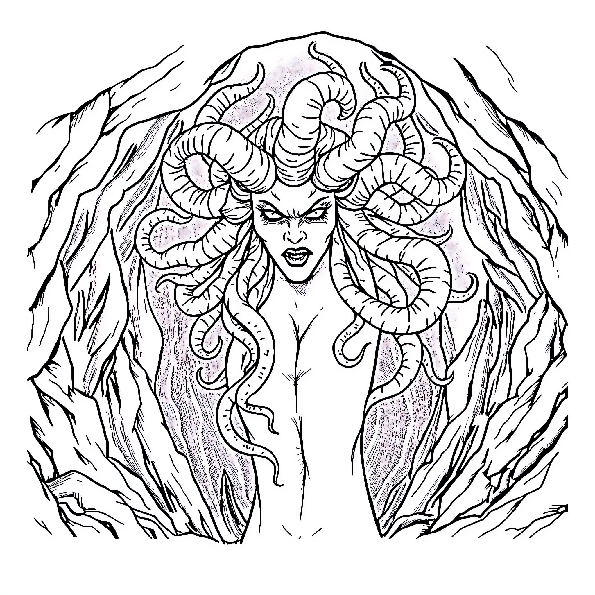Medusa's Petrifying Gaze of Vengeance Coloring Page (free black-and-white line drawing printable PDF for all, from beginners to advanced learners, including children, teens, adults, and seniors)