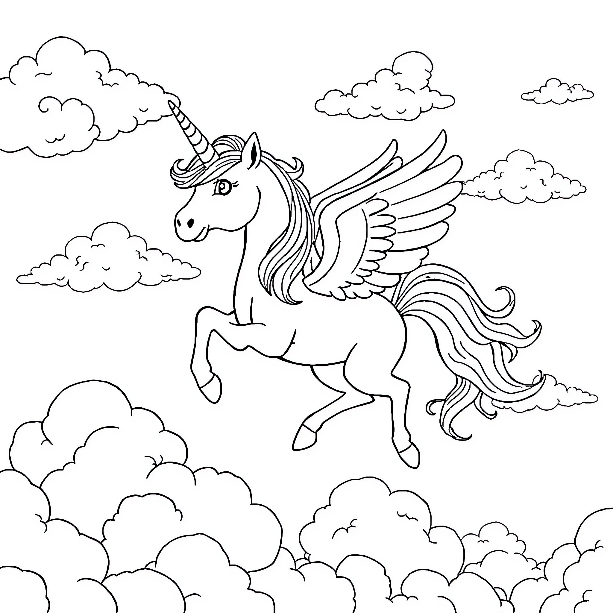 Unicorn soaring through the cloudy skies Coloring Page (free black-and-white line drawing printable PDF for all, from beginners to advanced learners, including children, teens, adults, and seniors)