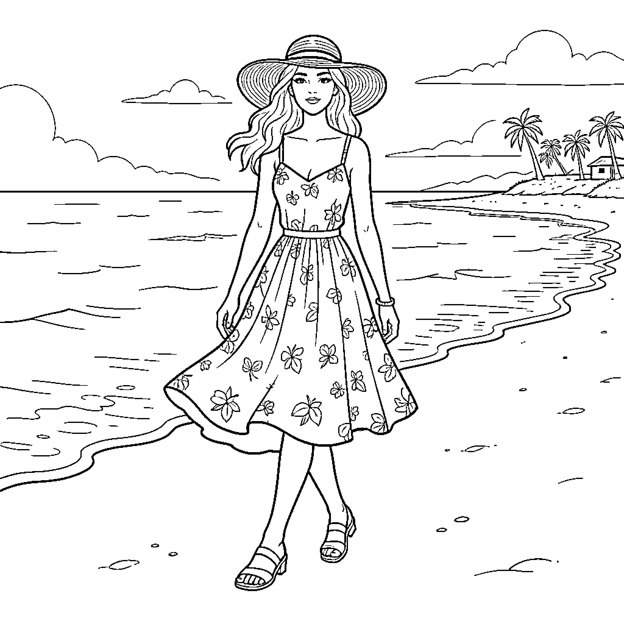 Woman strolling on the beach in summer attire Coloring Page (free black-and-white line drawing printable PDF for all, from beginners to advanced learners, including children, teens, adults, and seniors)