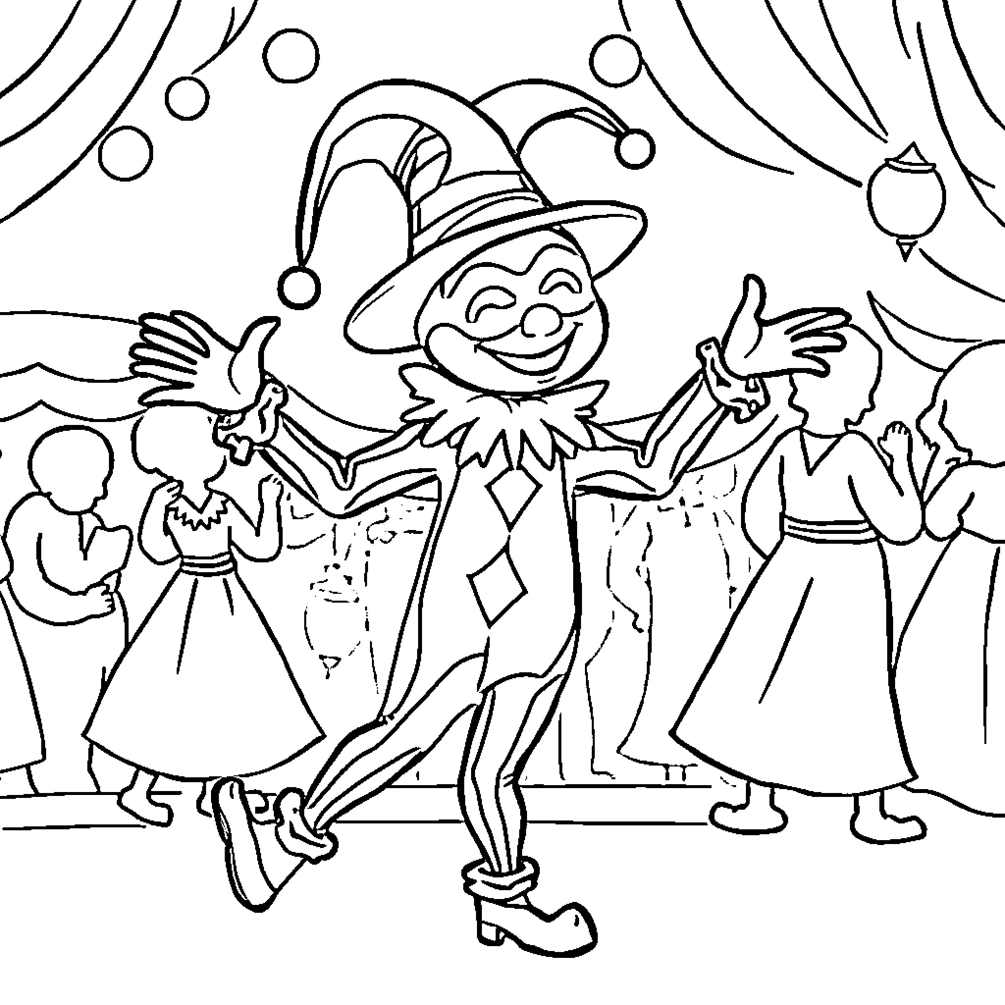Arlequin performs merry dance with friends Coloring Page (free black-and-white line drawing printable PDF for all, from beginners to advanced learners, including children, teens, adults, and seniors)