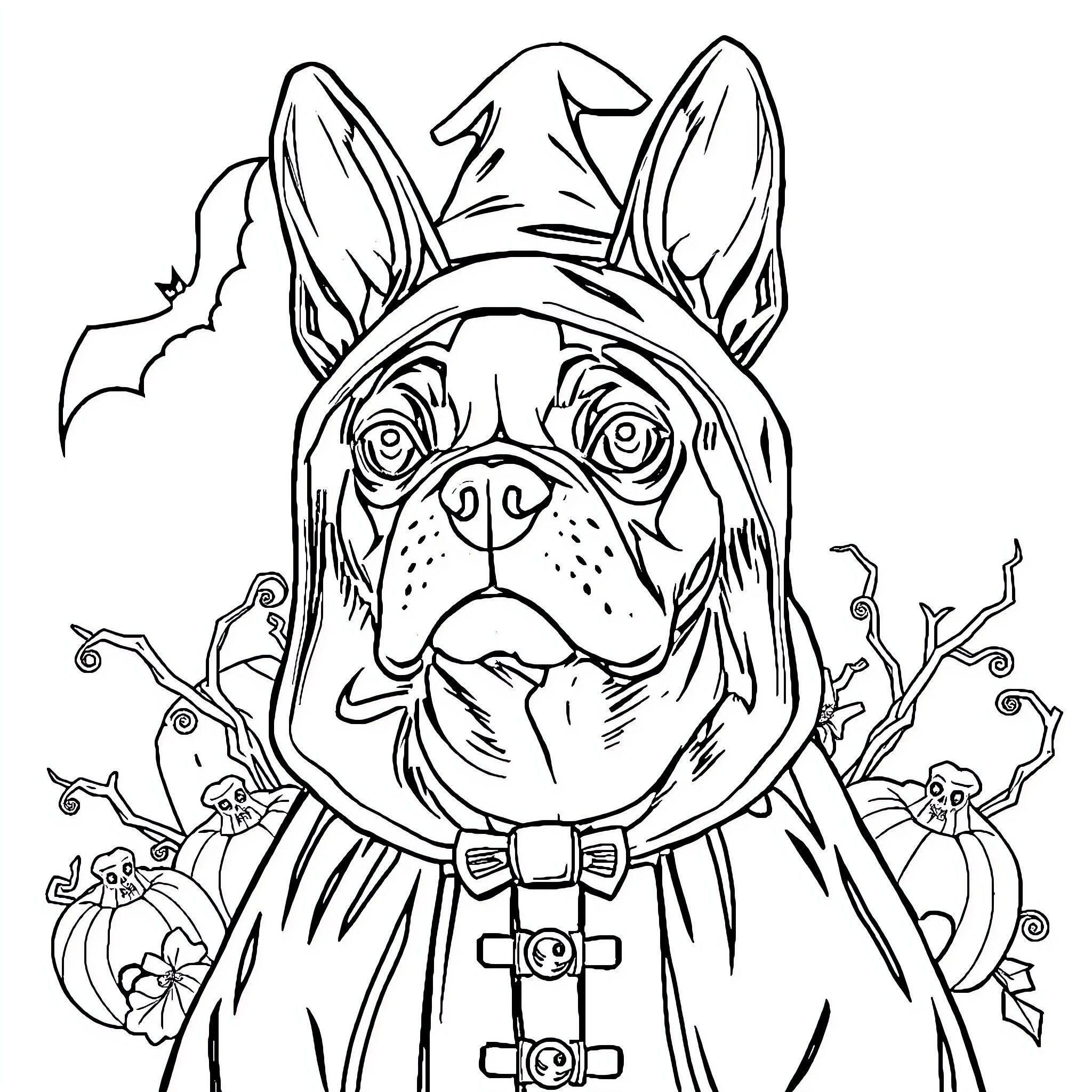 Boston Terrier in Costume with Bat Silhouettes Coloring Page (free black-and-white line drawing printable PDF for all, from beginners to advanced learners, including children, teens, adults, and seniors)