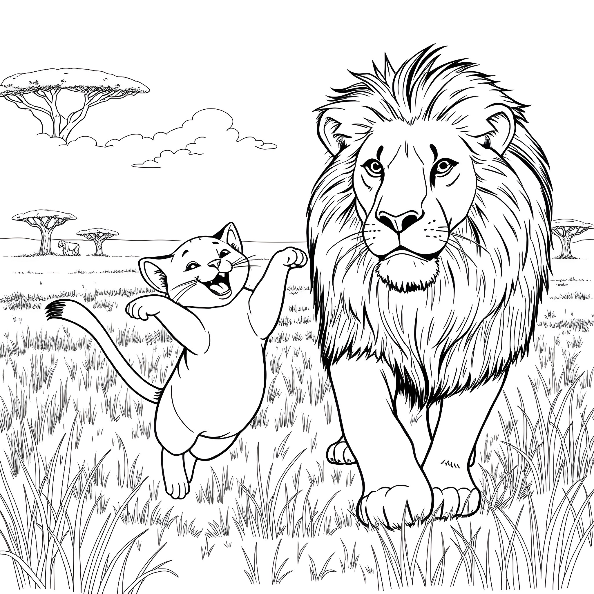 Cat and lion in the savanna Coloring Page (free black-and-white line drawing printable PDF for all, from beginners to advanced learners, including children, teens, adults, and seniors)