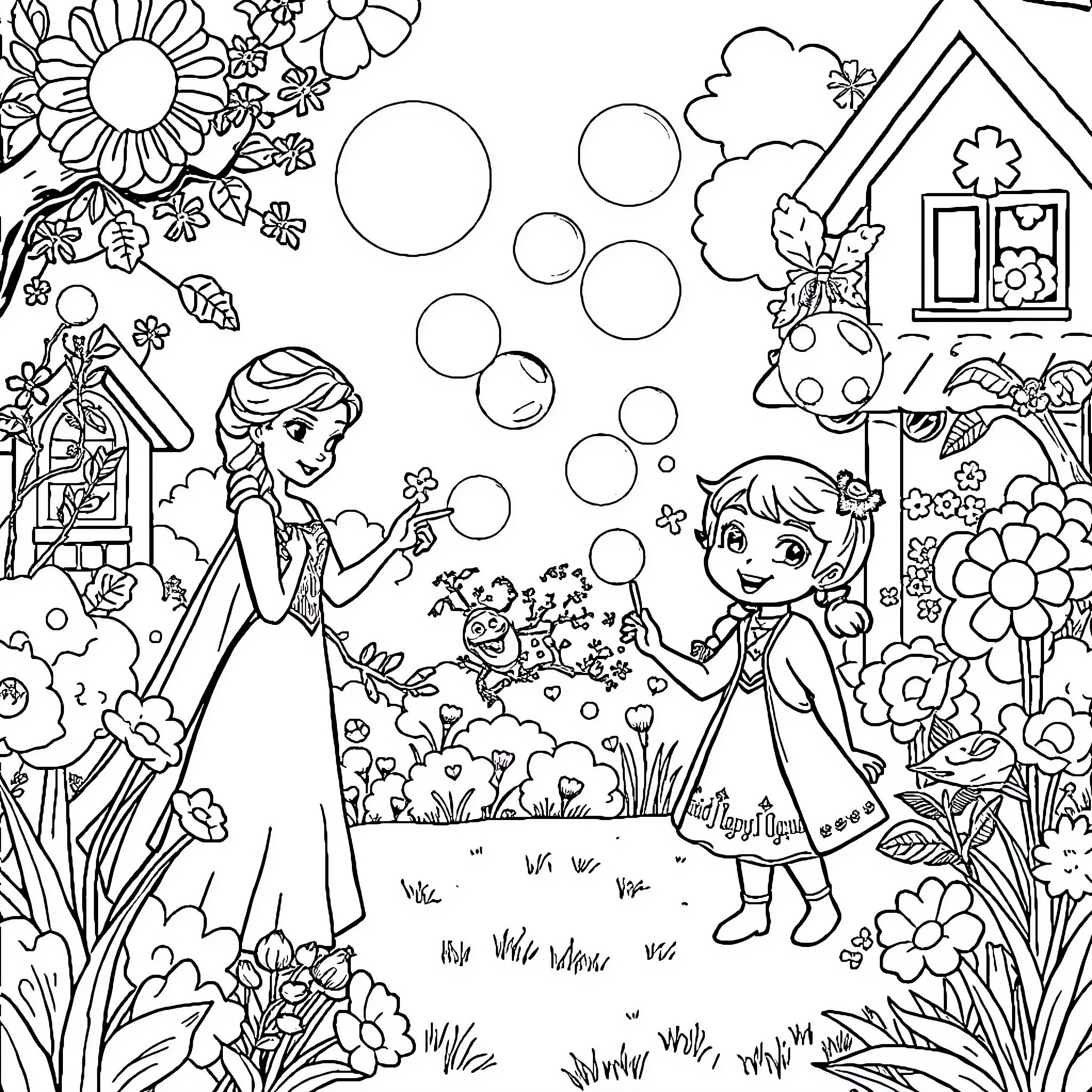 Dollhouse with girls playing with bubbles in a garden Coloring Page (free black-and-white line drawing printable PDF for all, from beginners to advanced learners, including children, teens, adults, and seniors)