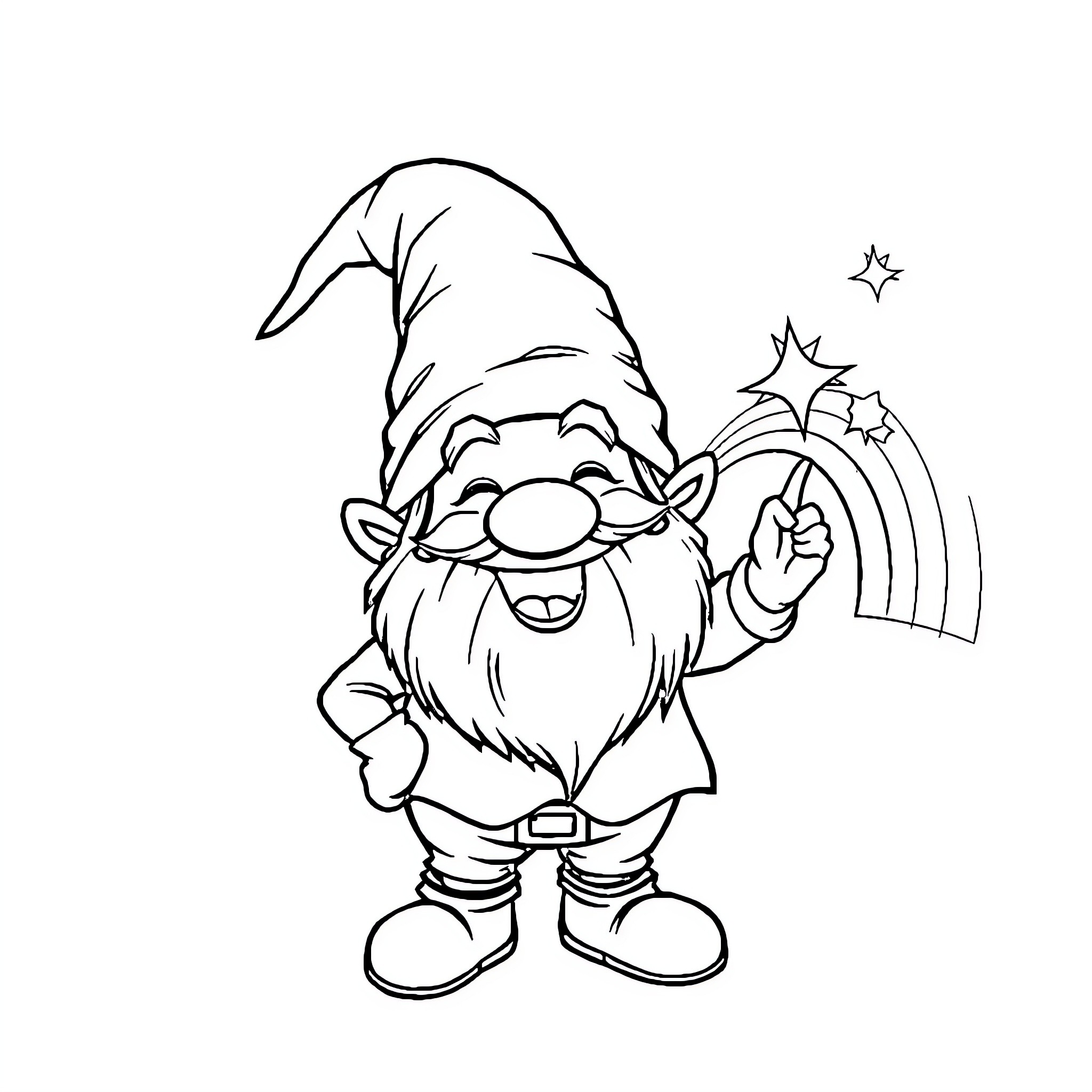 Gnome spreading magical cheer with rainbow Coloring Page (free black-and-white line drawing printable PDF for all, from beginners to advanced learners, including children, teens, adults, and seniors)