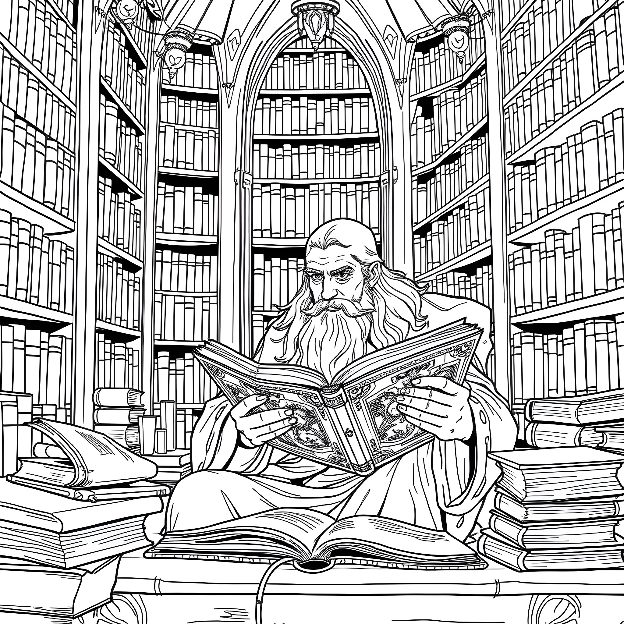 Gandalf the Wise Wizard Studying Ancient Tomes in the Library Coloring Page (free black-and-white line drawing printable PDF for all, from beginners to advanced learners, including children, teens, adults, and seniors)