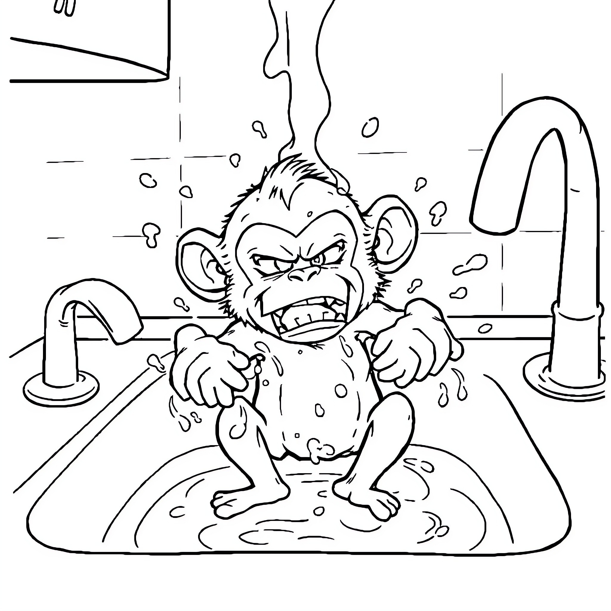Monkey enjoying a messy bath Coloring Page (free black-and-white line drawing printable PDF for all, from beginners to advanced learners, including children, teens, adults, and seniors)